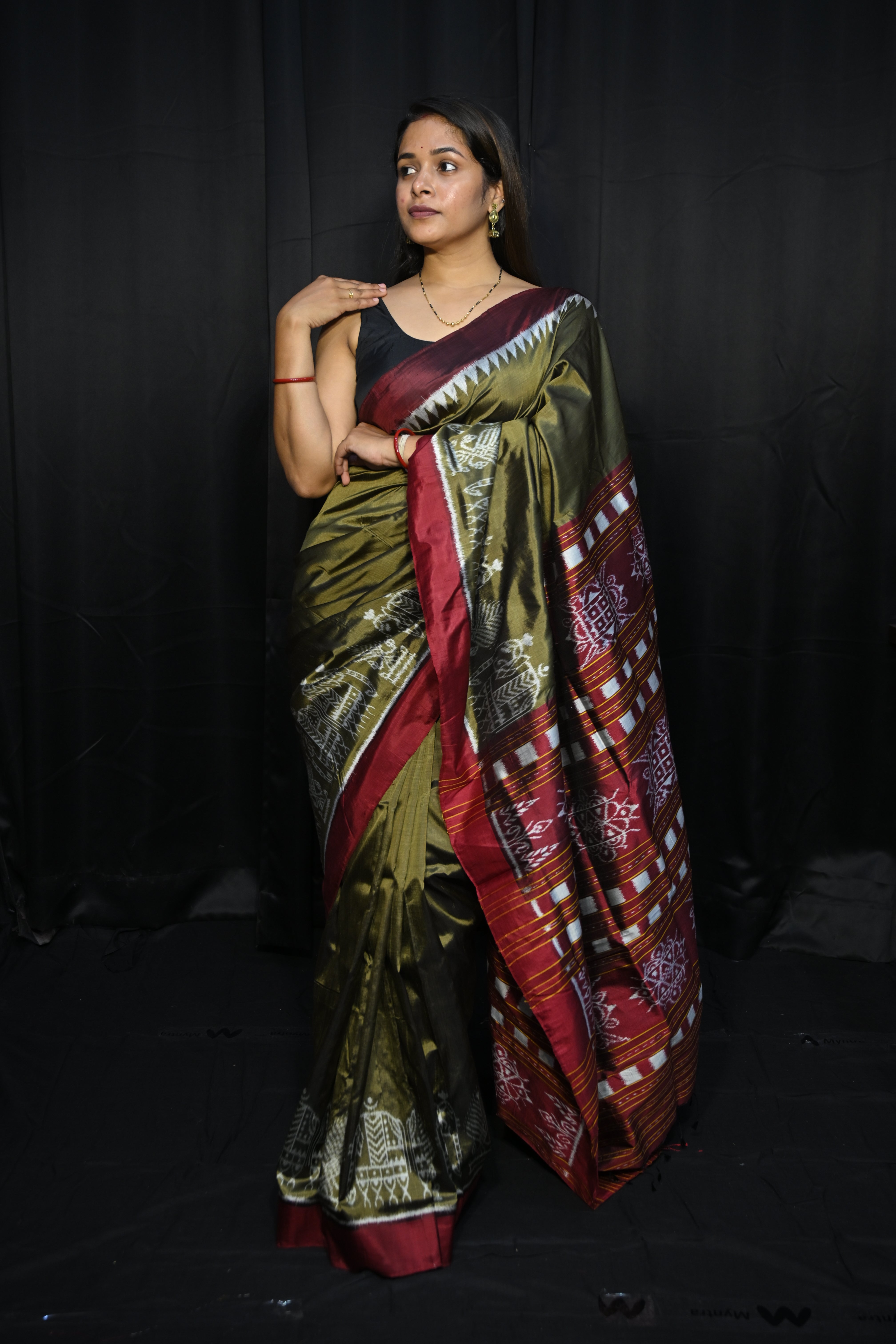 Olive Green Maroon Scot Elephant Design Mulberry Silk Saree