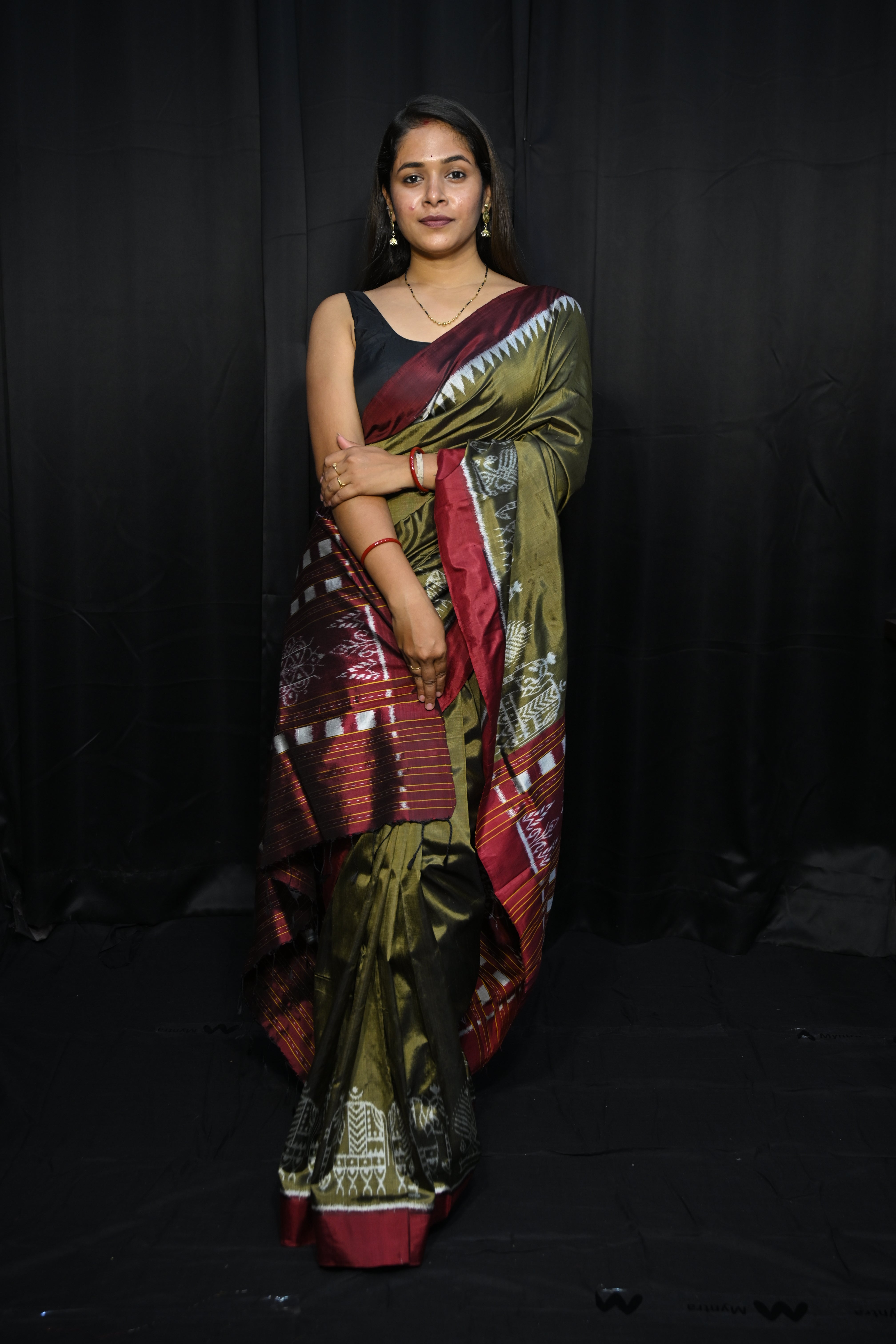 Olive Green Maroon Scot Elephant Design Mulberry Silk Saree