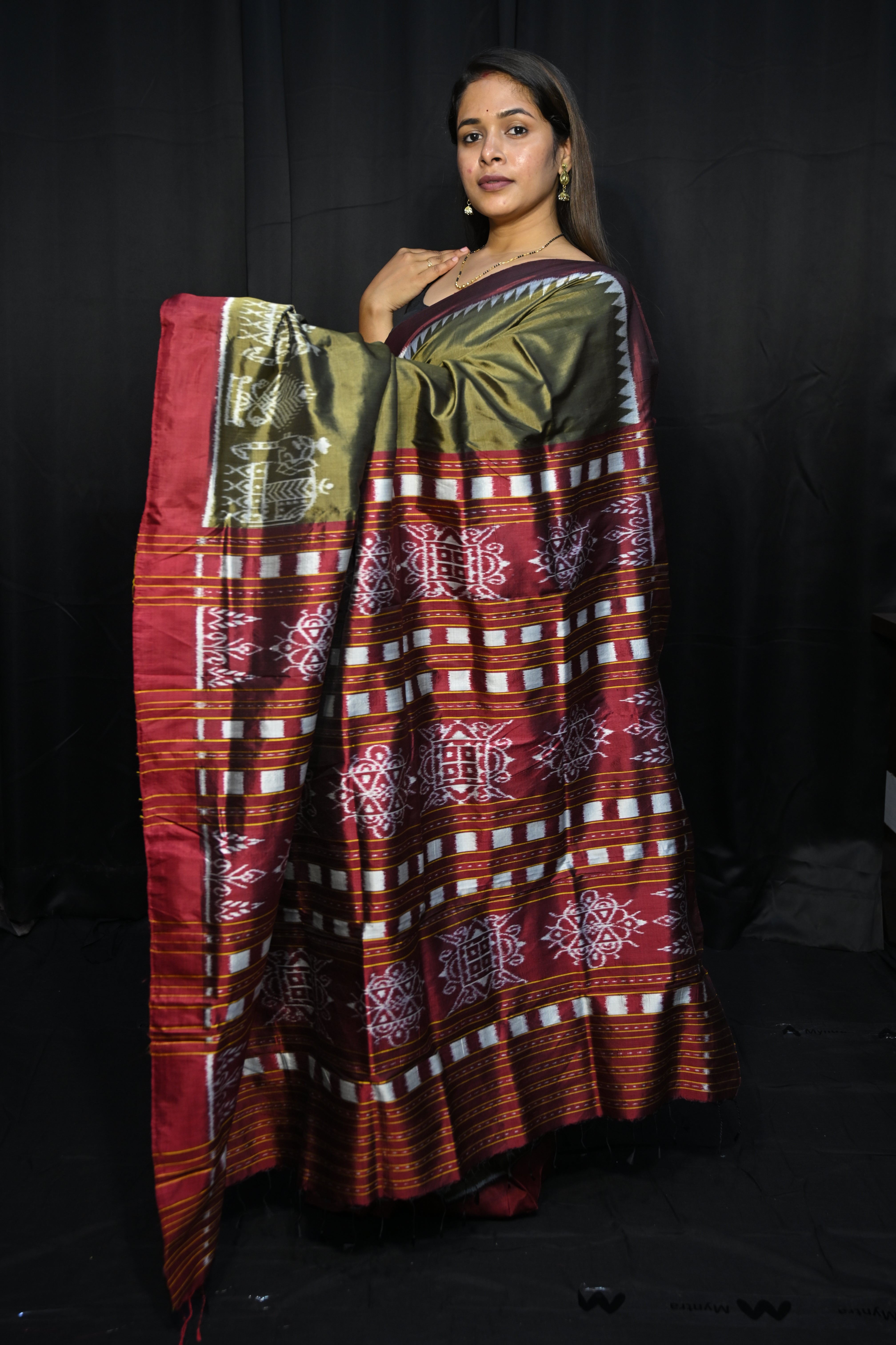 Olive Green Maroon Scot Elephant Design Mulberry Silk Saree