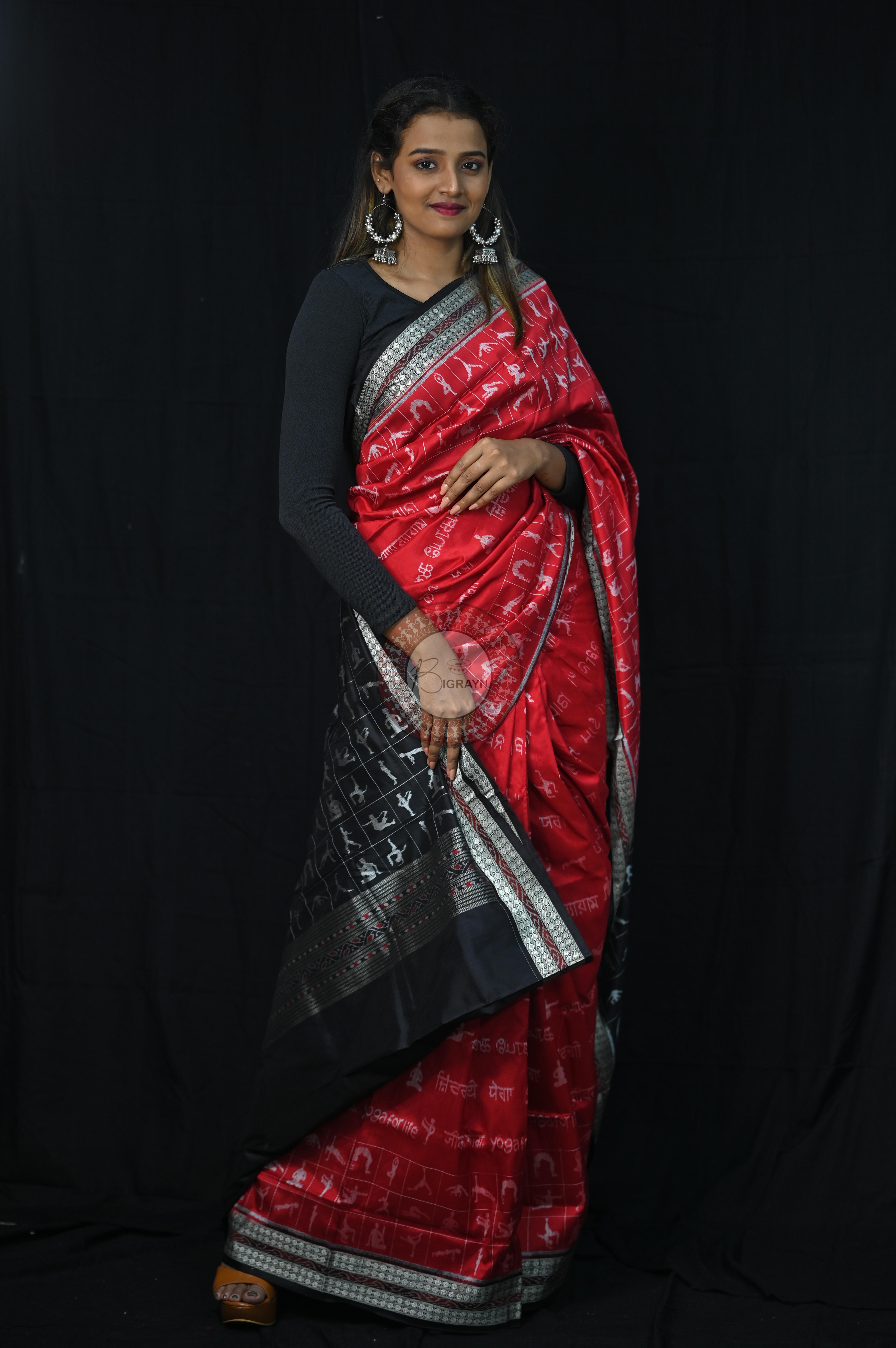 Red Black Exclusive Yoga Special Sambalpuri Silk Saree