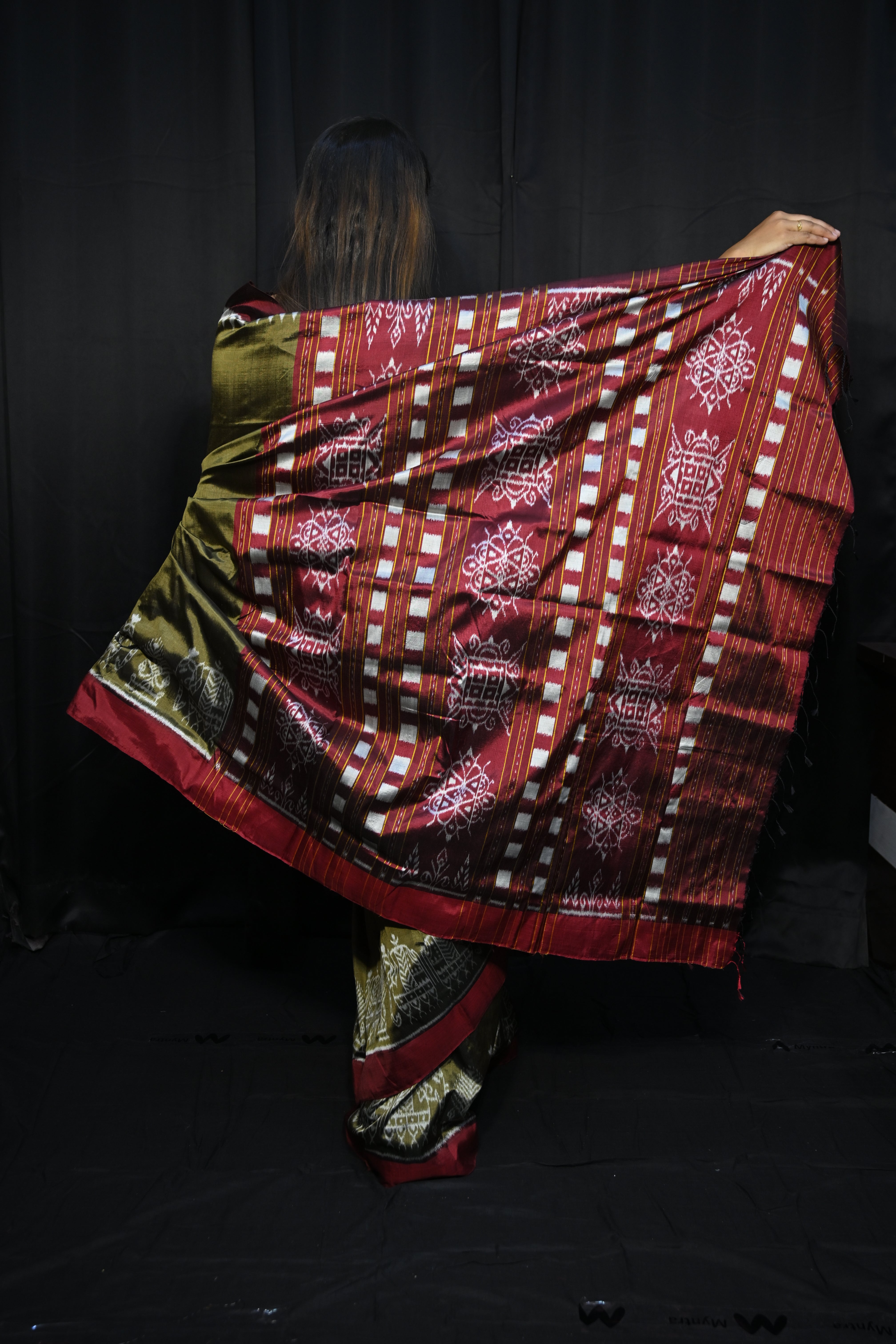 Olive Green Maroon Scot Elephant Design Mulberry Silk Saree