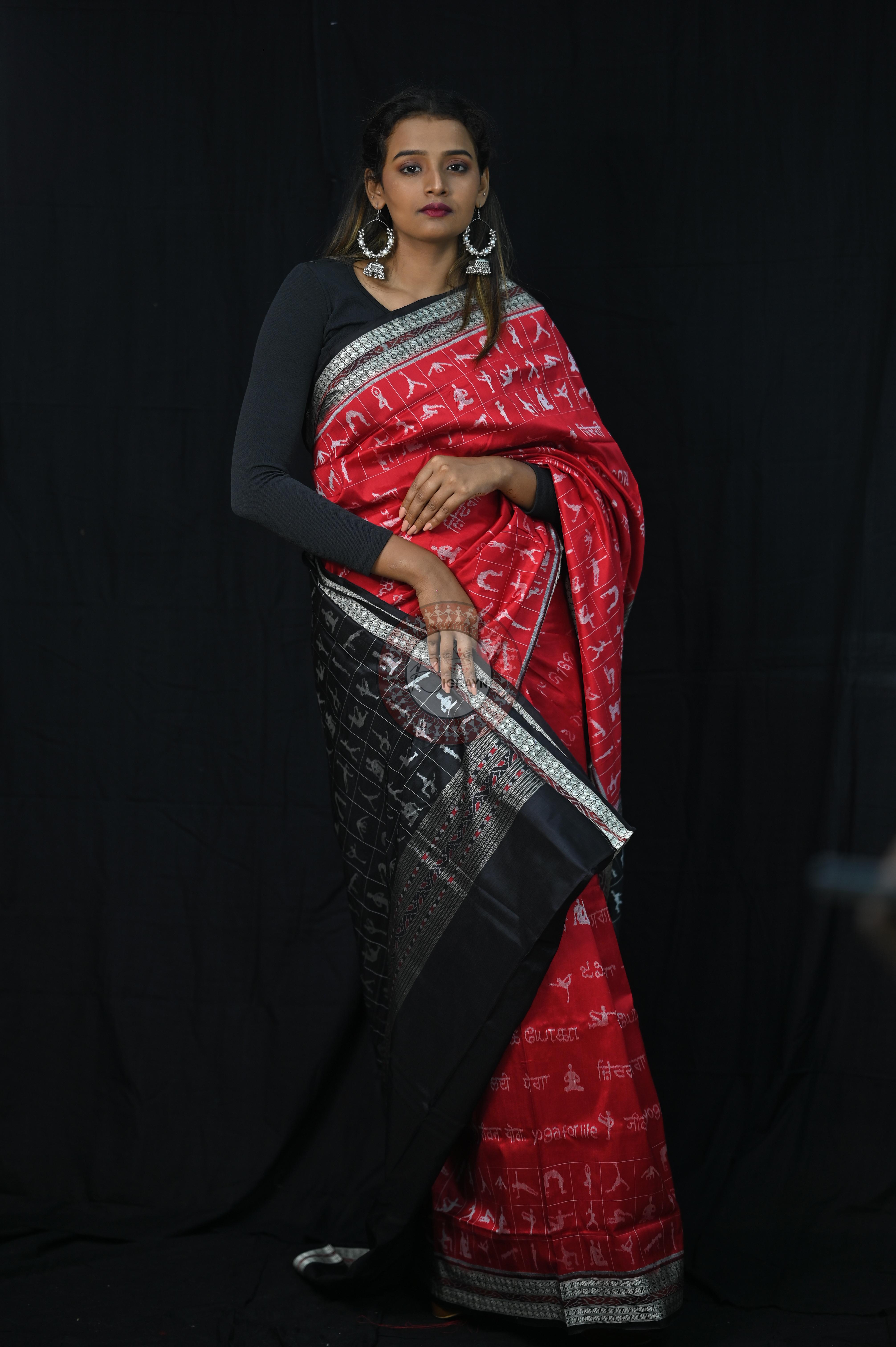 Red Black Exclusive Yoga Special Sambalpuri Silk Saree