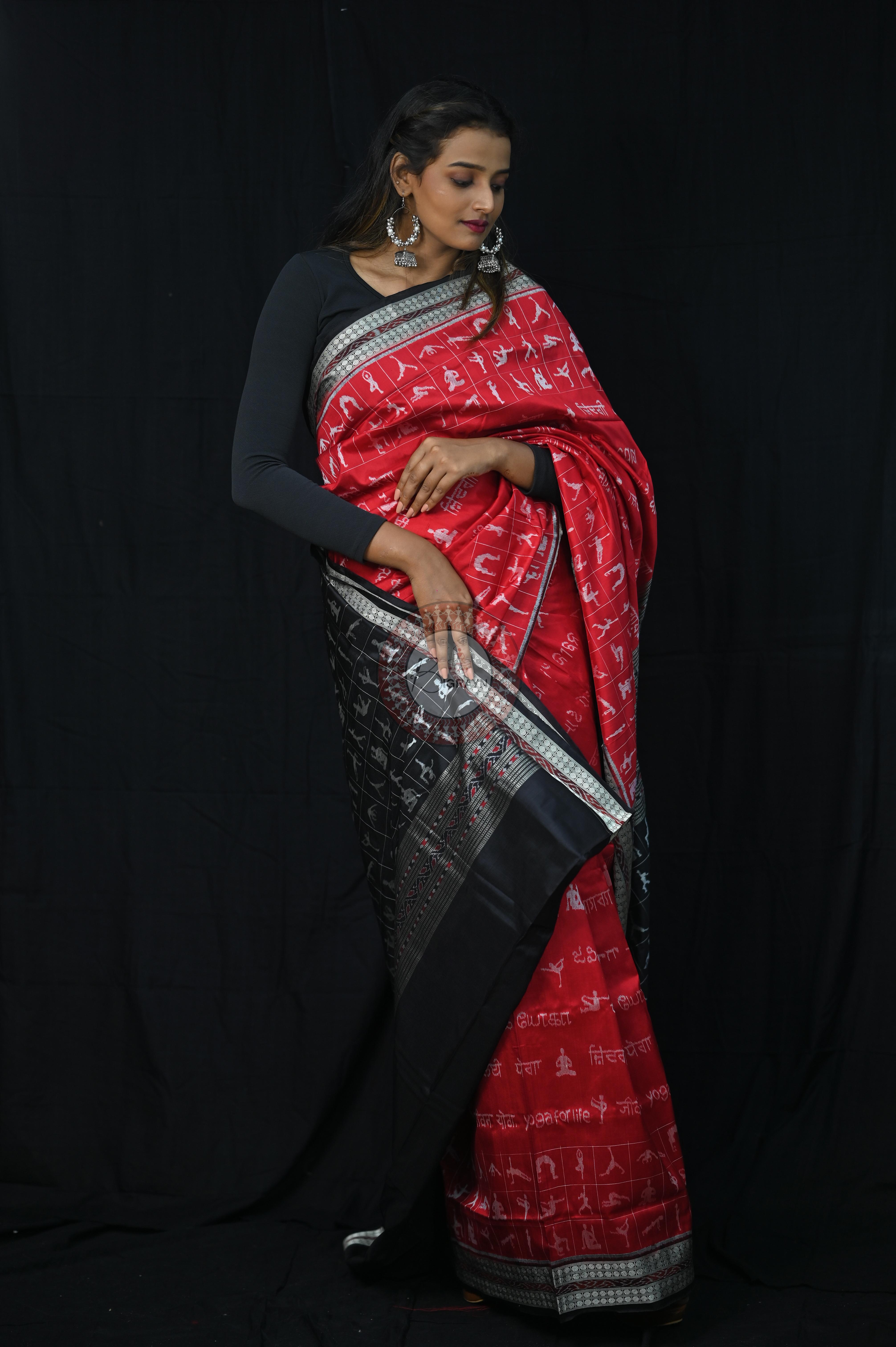 Red Black Exclusive Yoga Special Sambalpuri Silk Saree