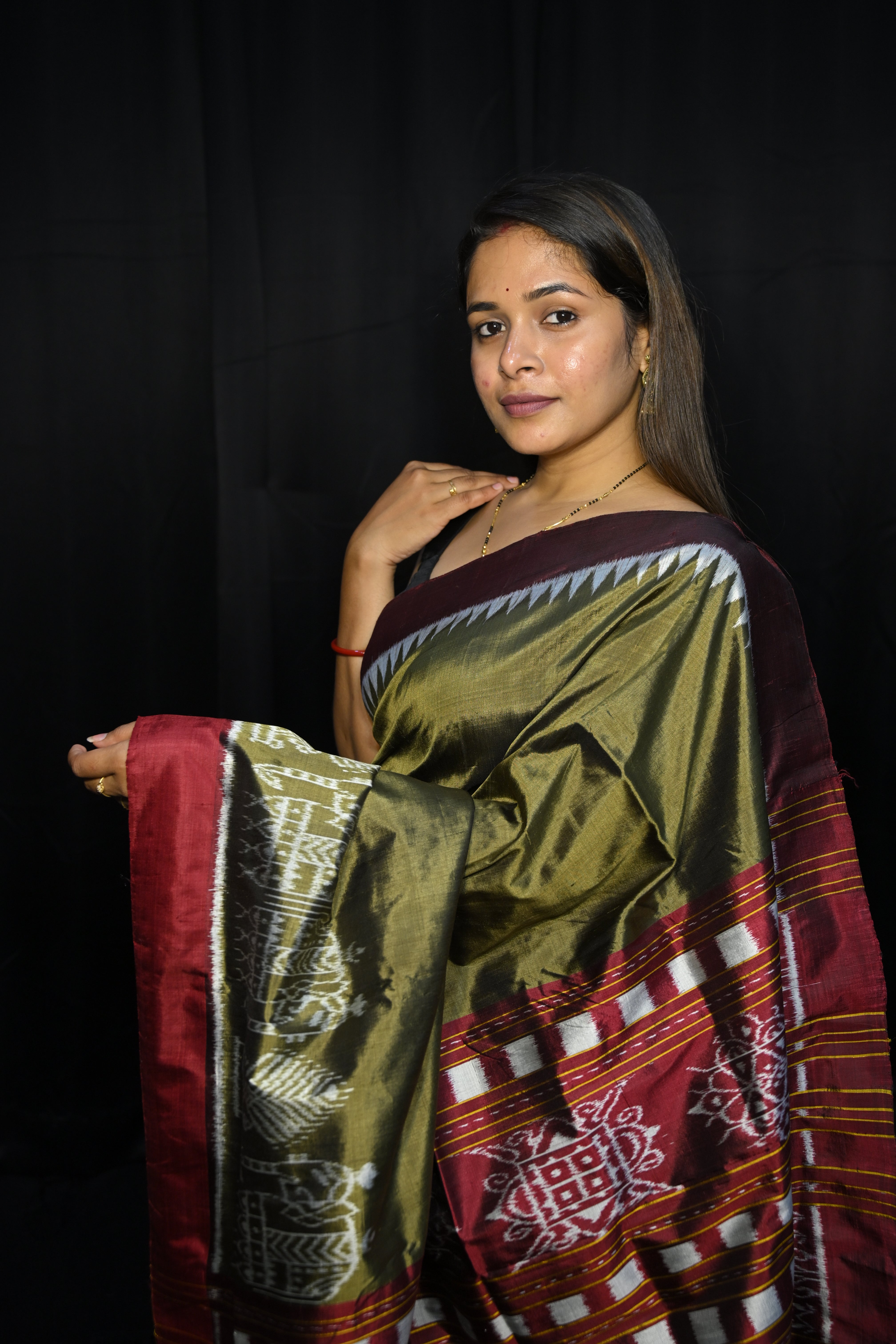 Olive Green Maroon Scot Elephant Design Mulberry Silk Saree