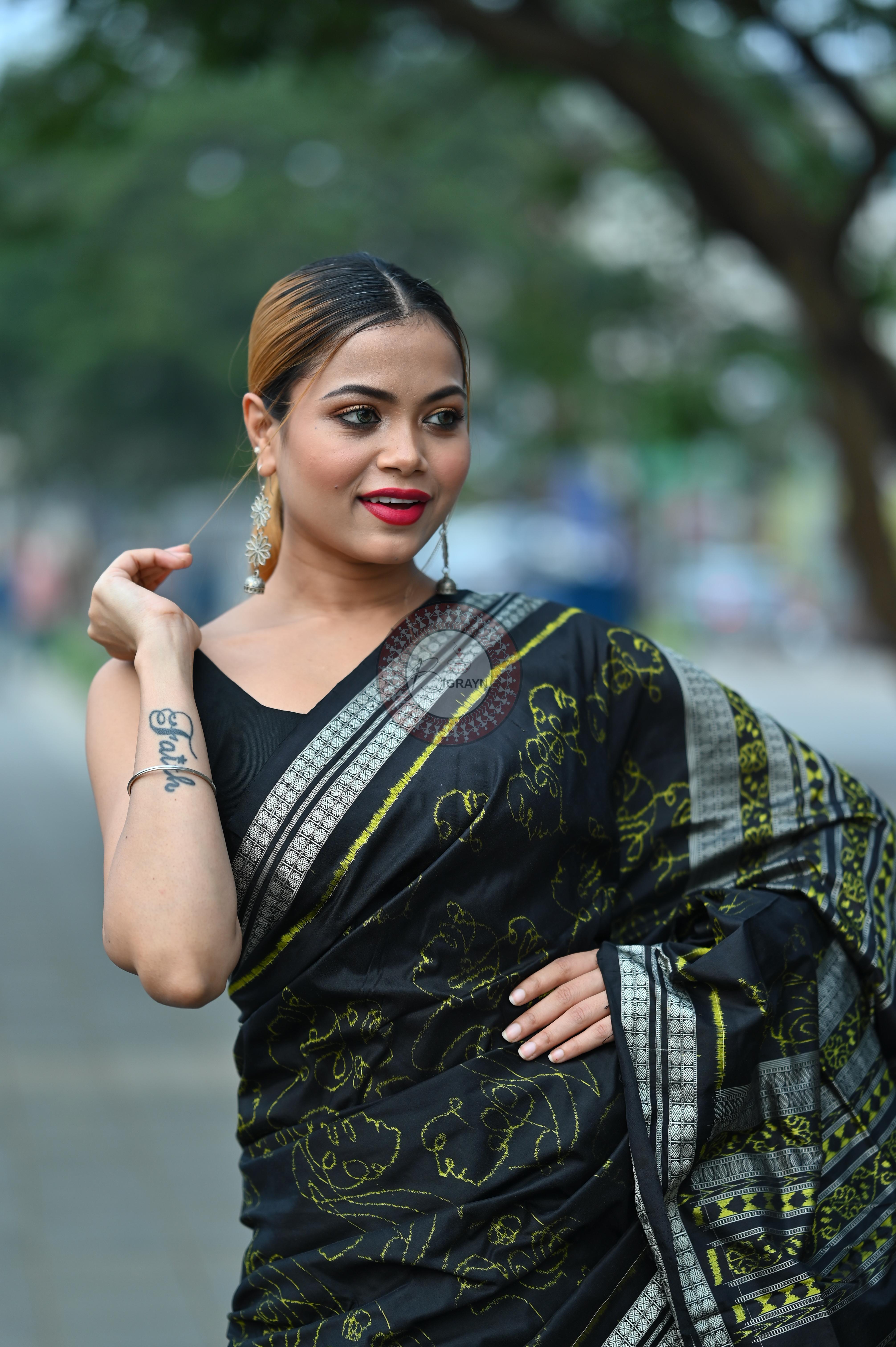 Black Neon Women Heads Sambalpuri Silk Saree