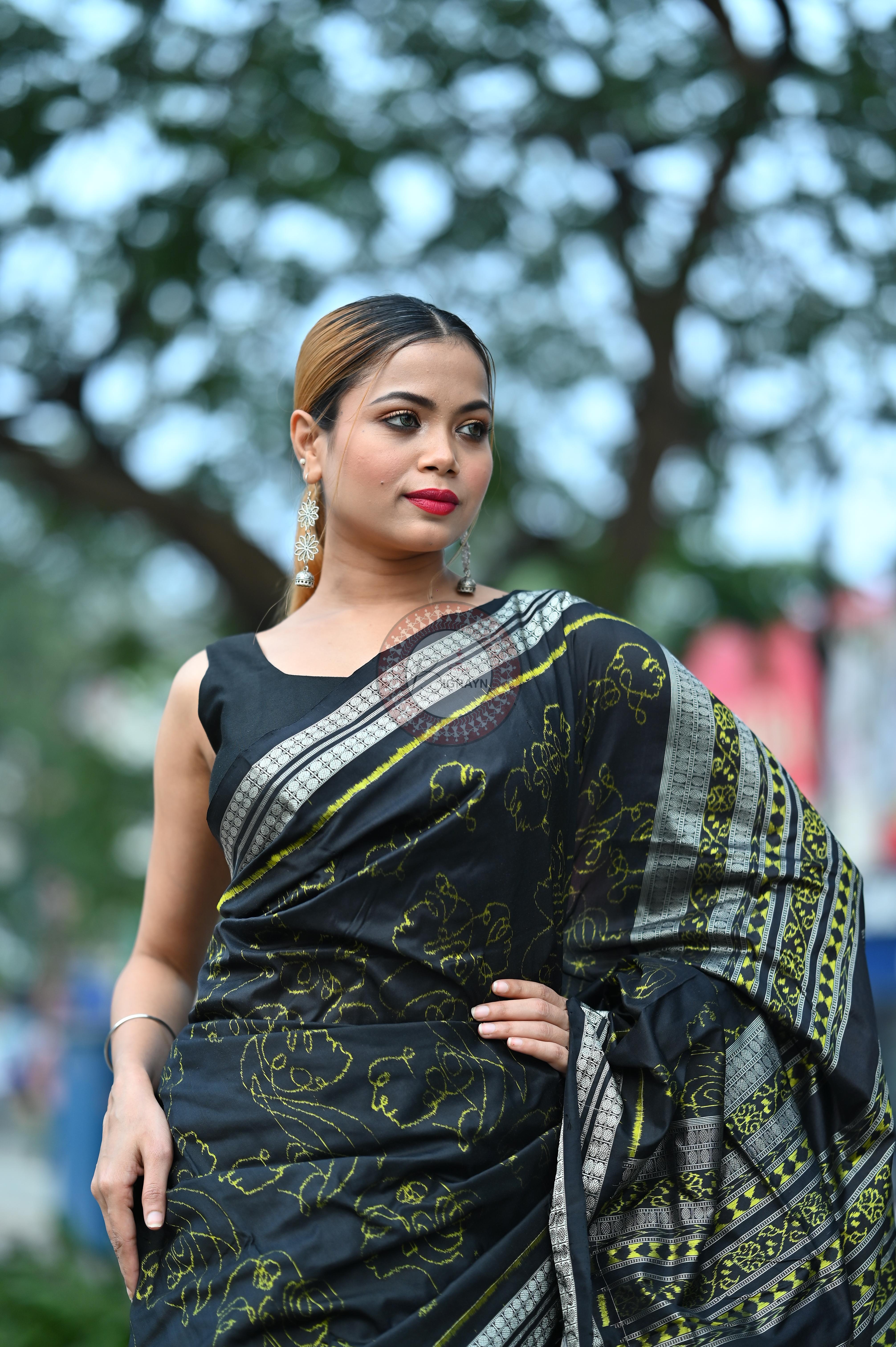 Black Neon Women Heads Sambalpuri Silk Saree
