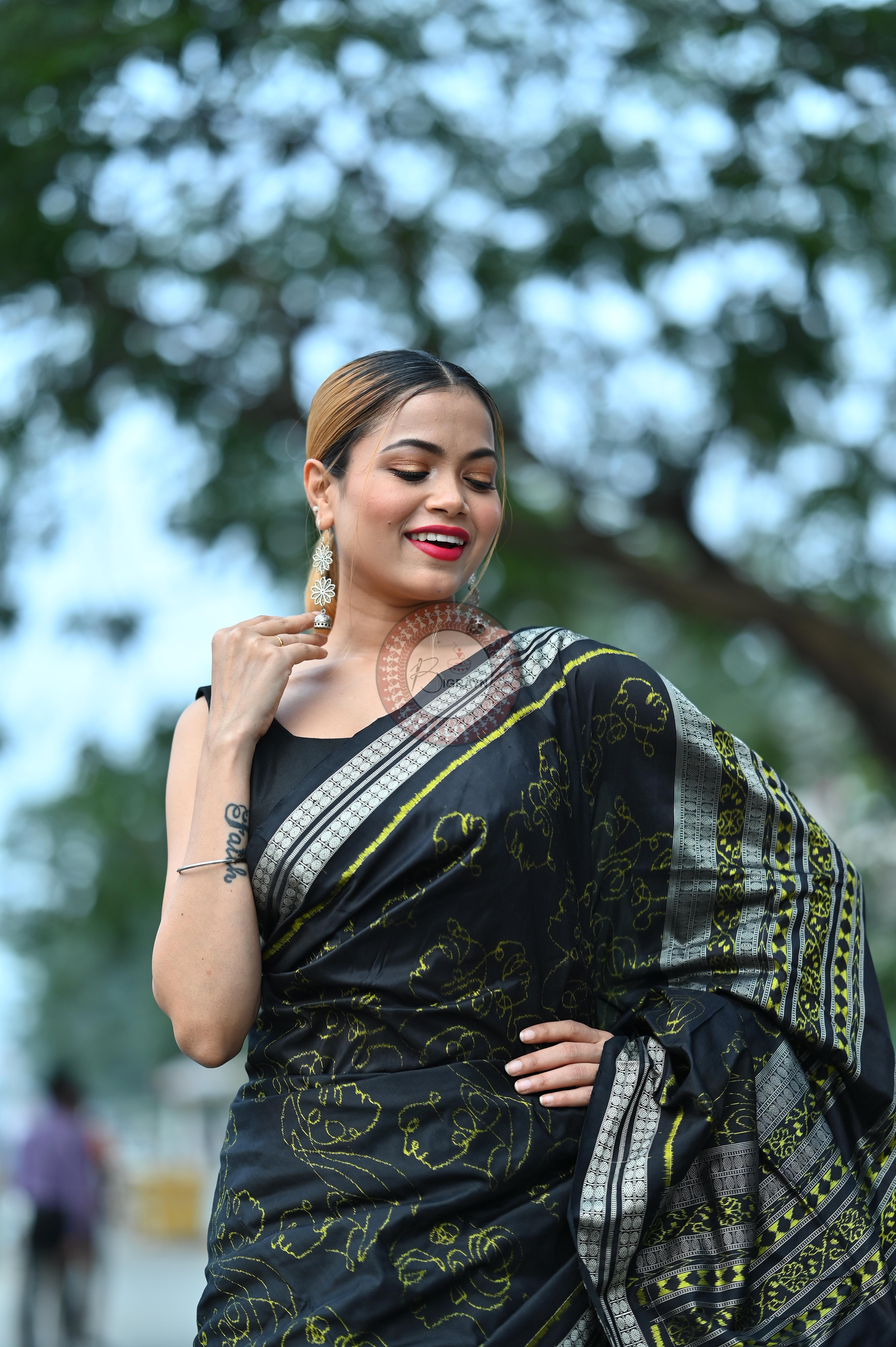 Black Neon Women Heads Sambalpuri Silk Saree
