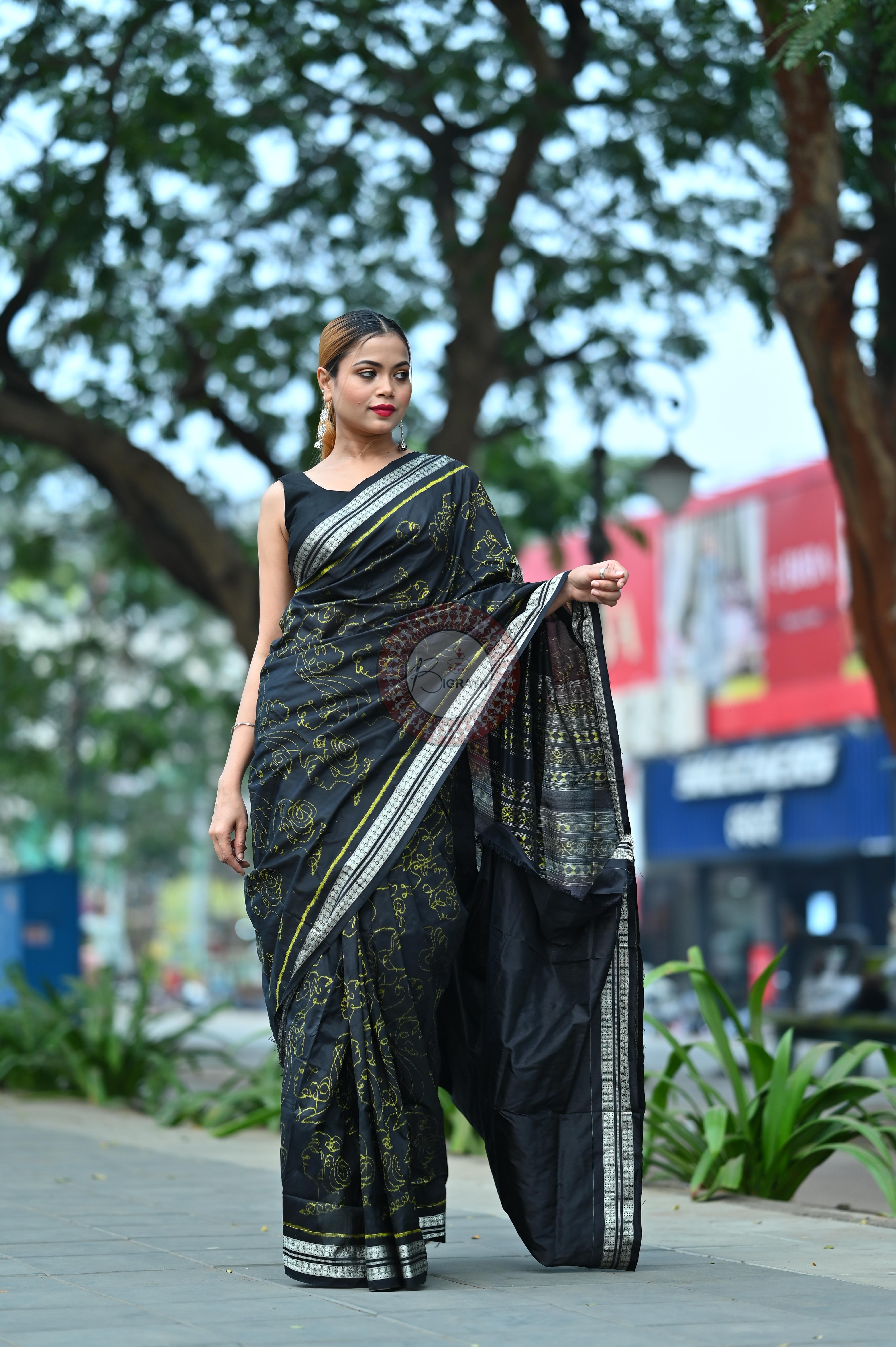 Black Neon Women Heads Sambalpuri Silk Saree