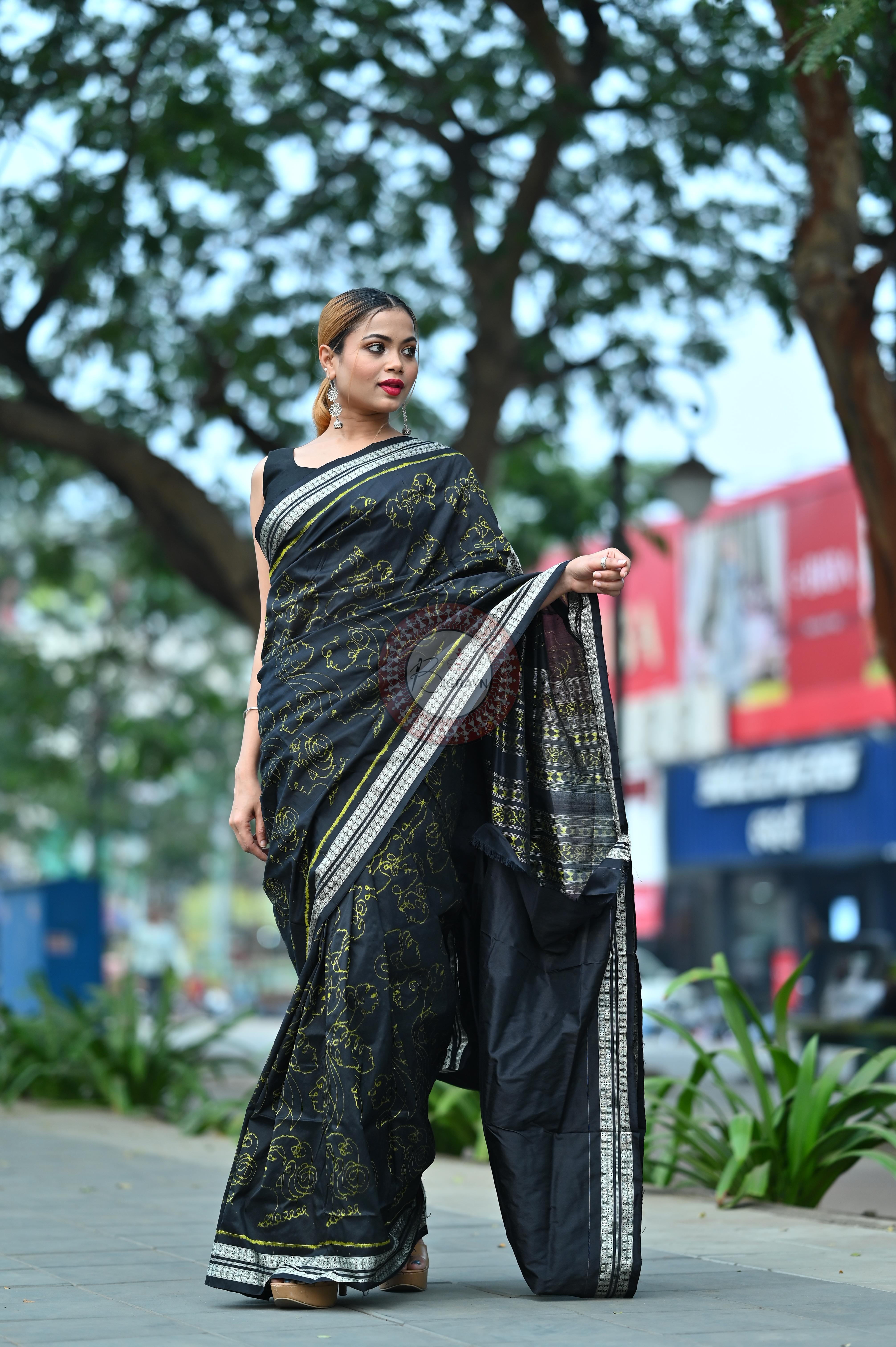 Black Neon Women Heads Sambalpuri Silk Saree