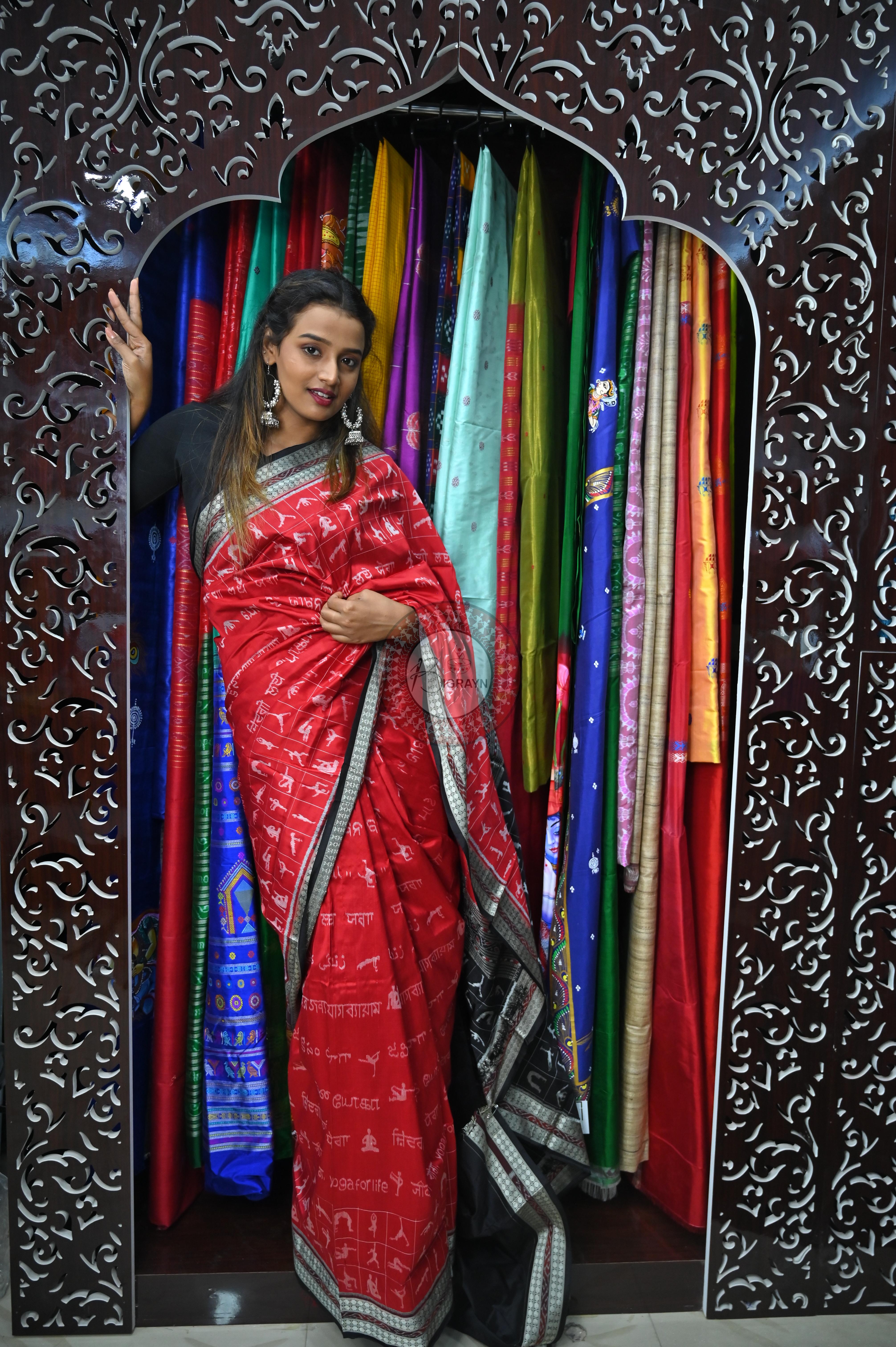 Red Black Exclusive Yoga Special Sambalpuri Silk Saree