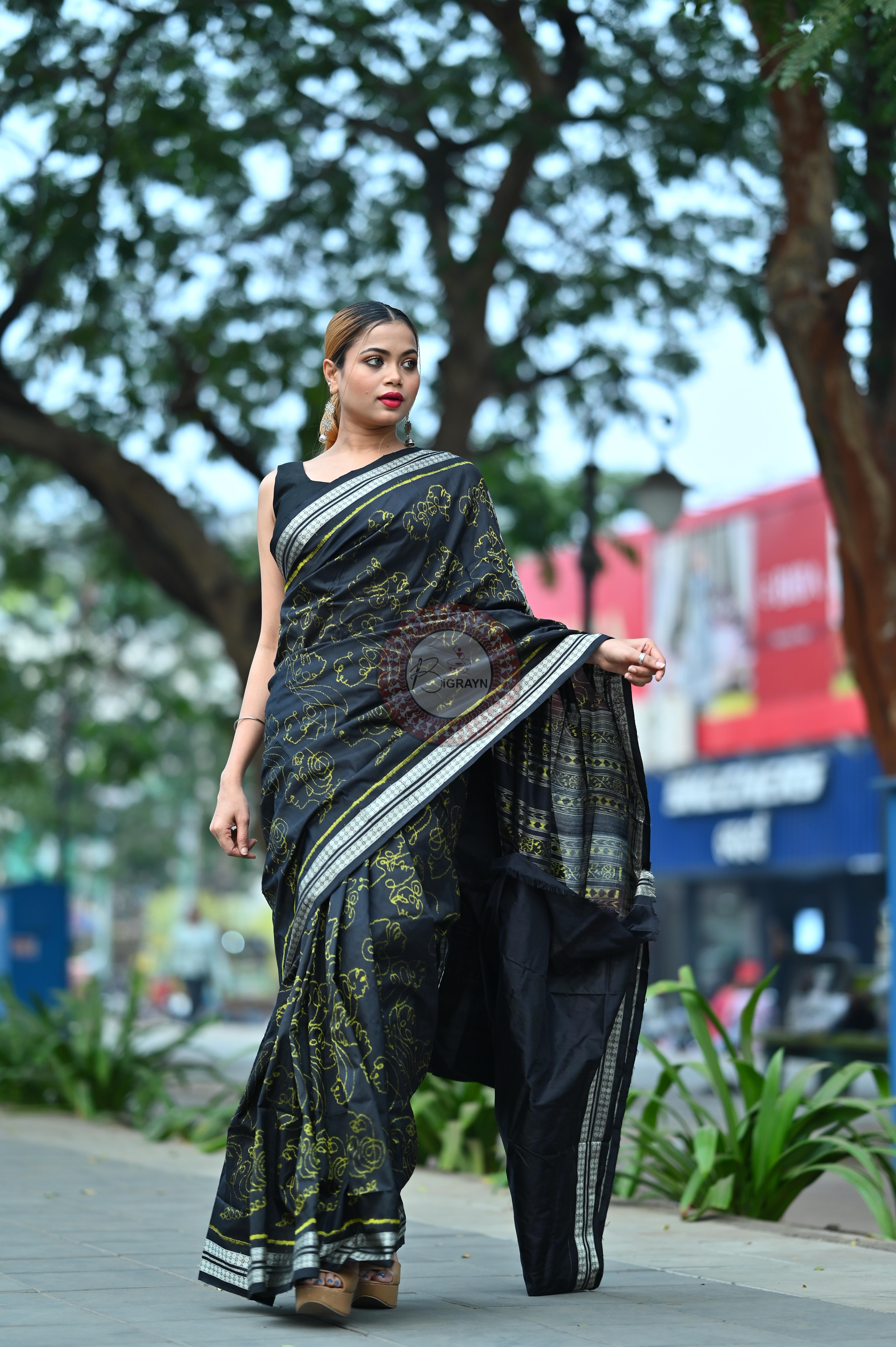 Black Neon Women Heads Sambalpuri Silk Saree