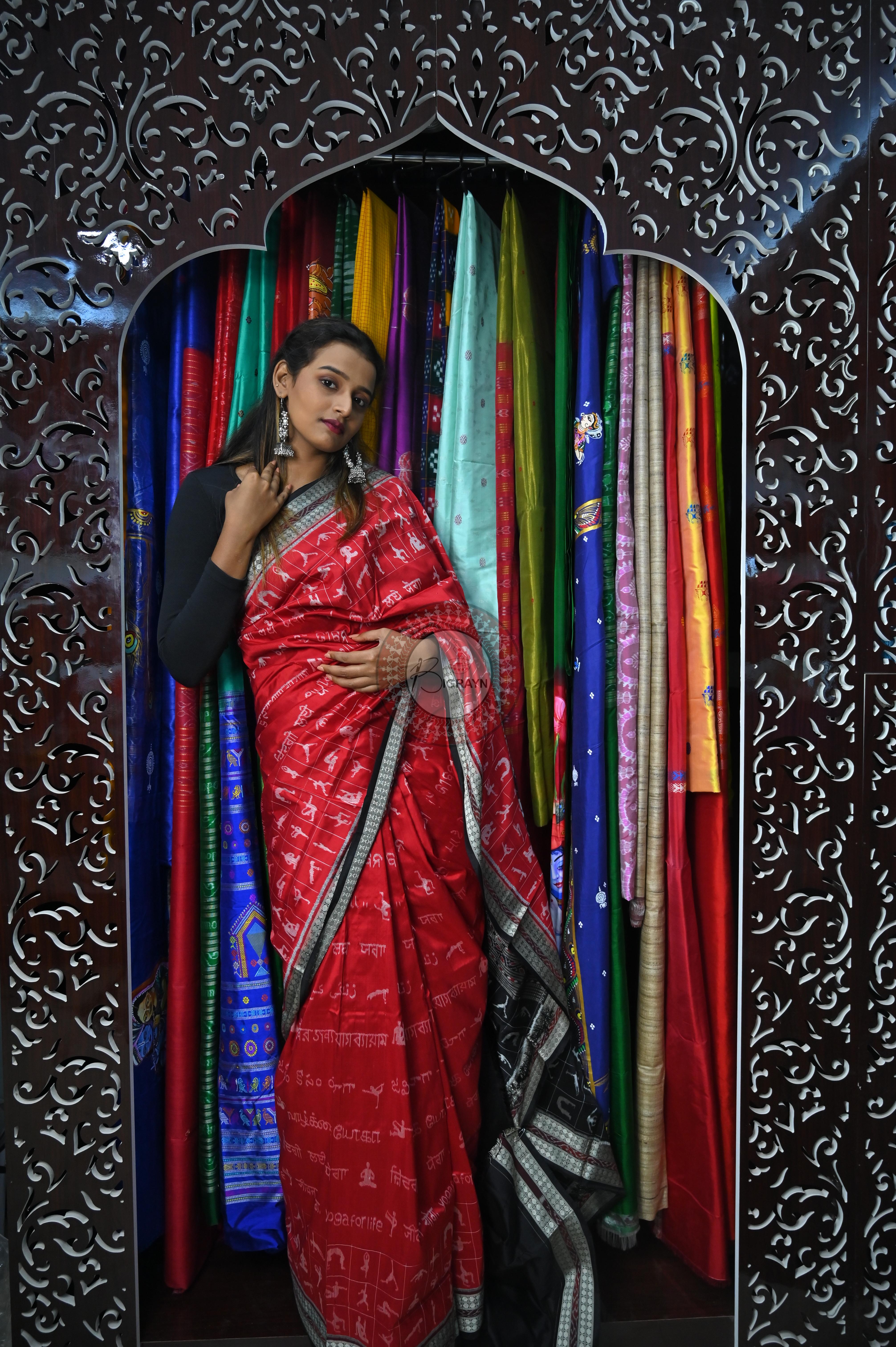 Red Black Exclusive Yoga Special Sambalpuri Silk Saree