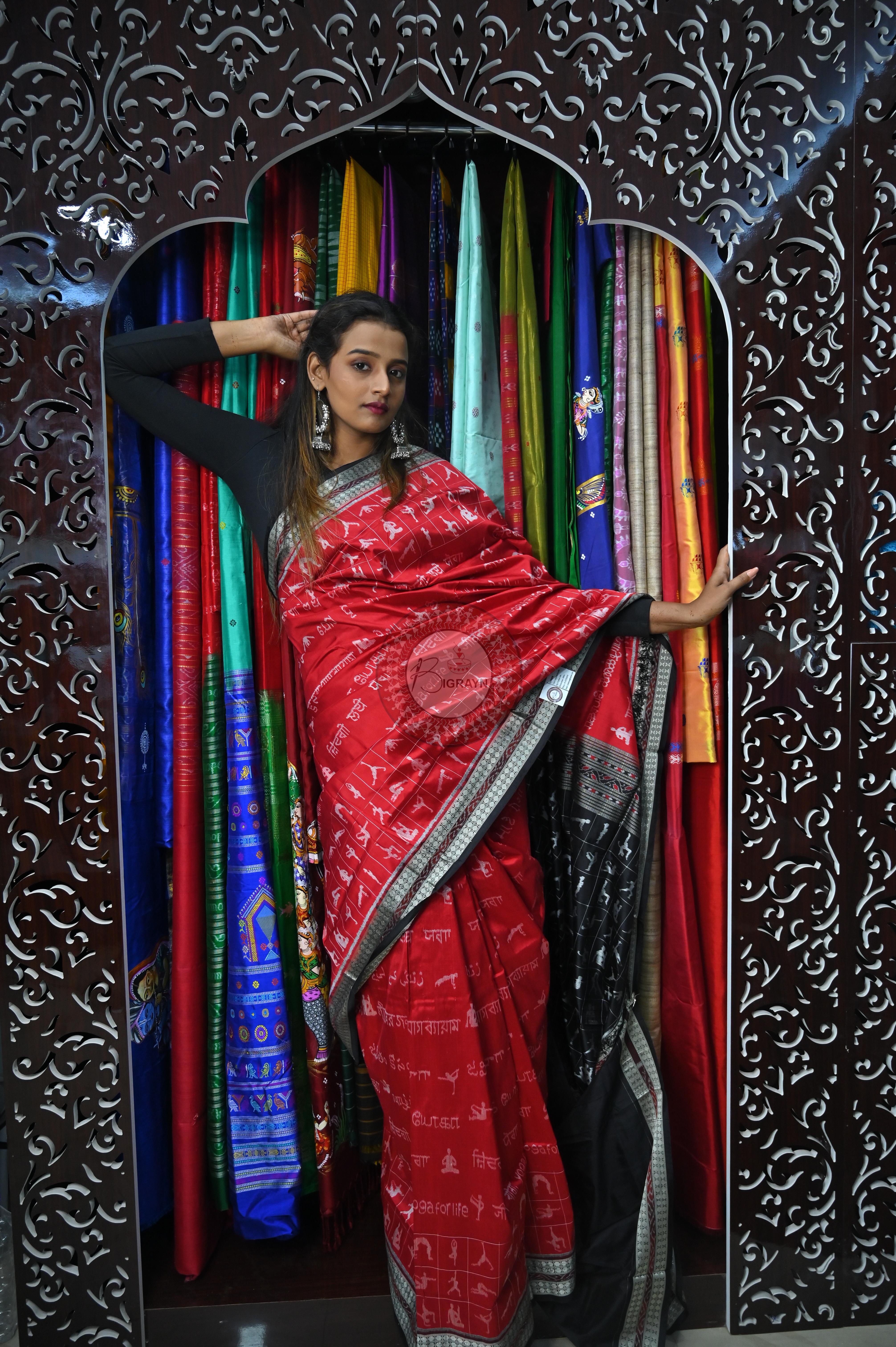 Red Black Exclusive Yoga Special Sambalpuri Silk Saree