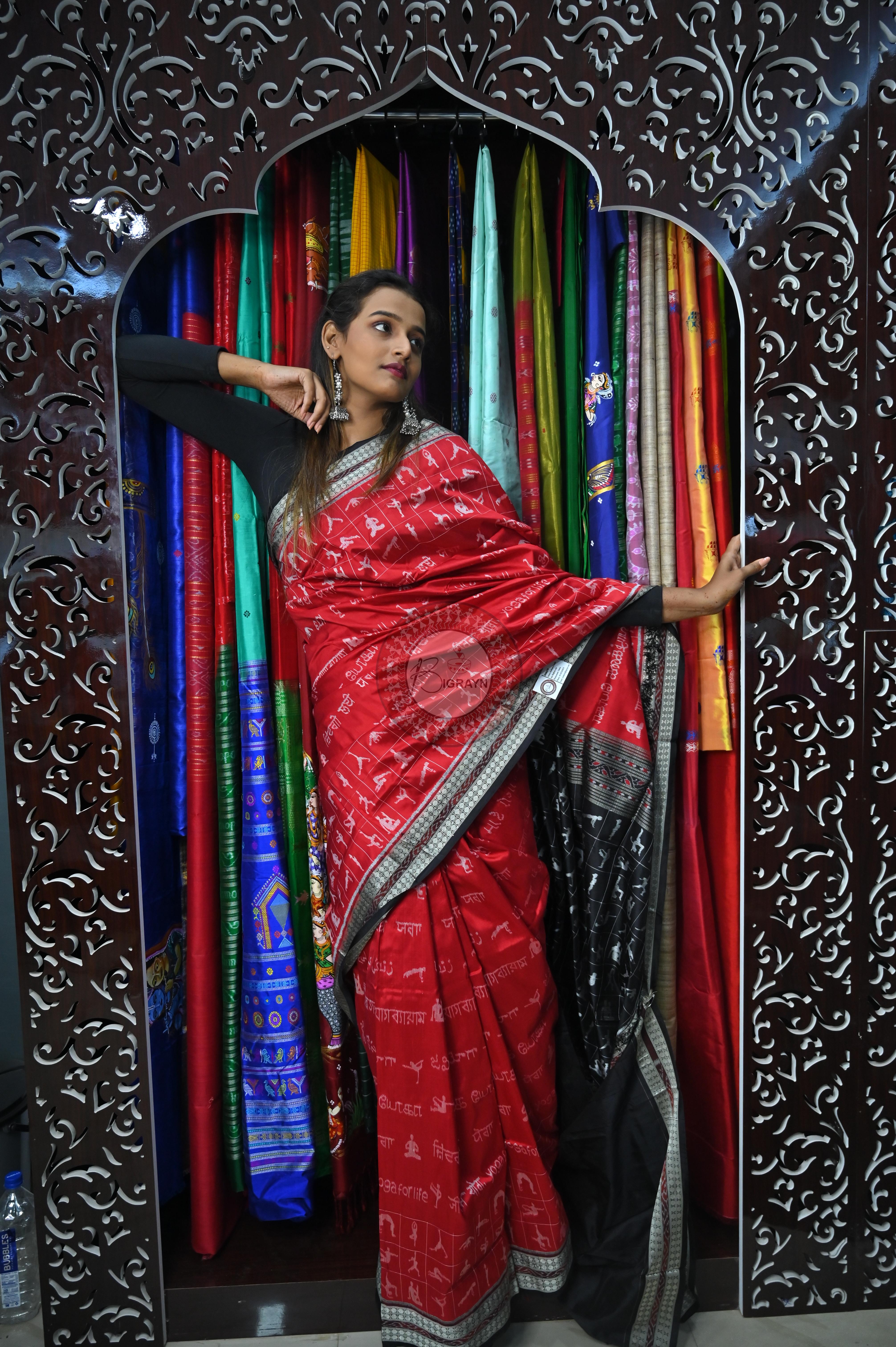 Red Black Exclusive Yoga Special Sambalpuri Silk Saree