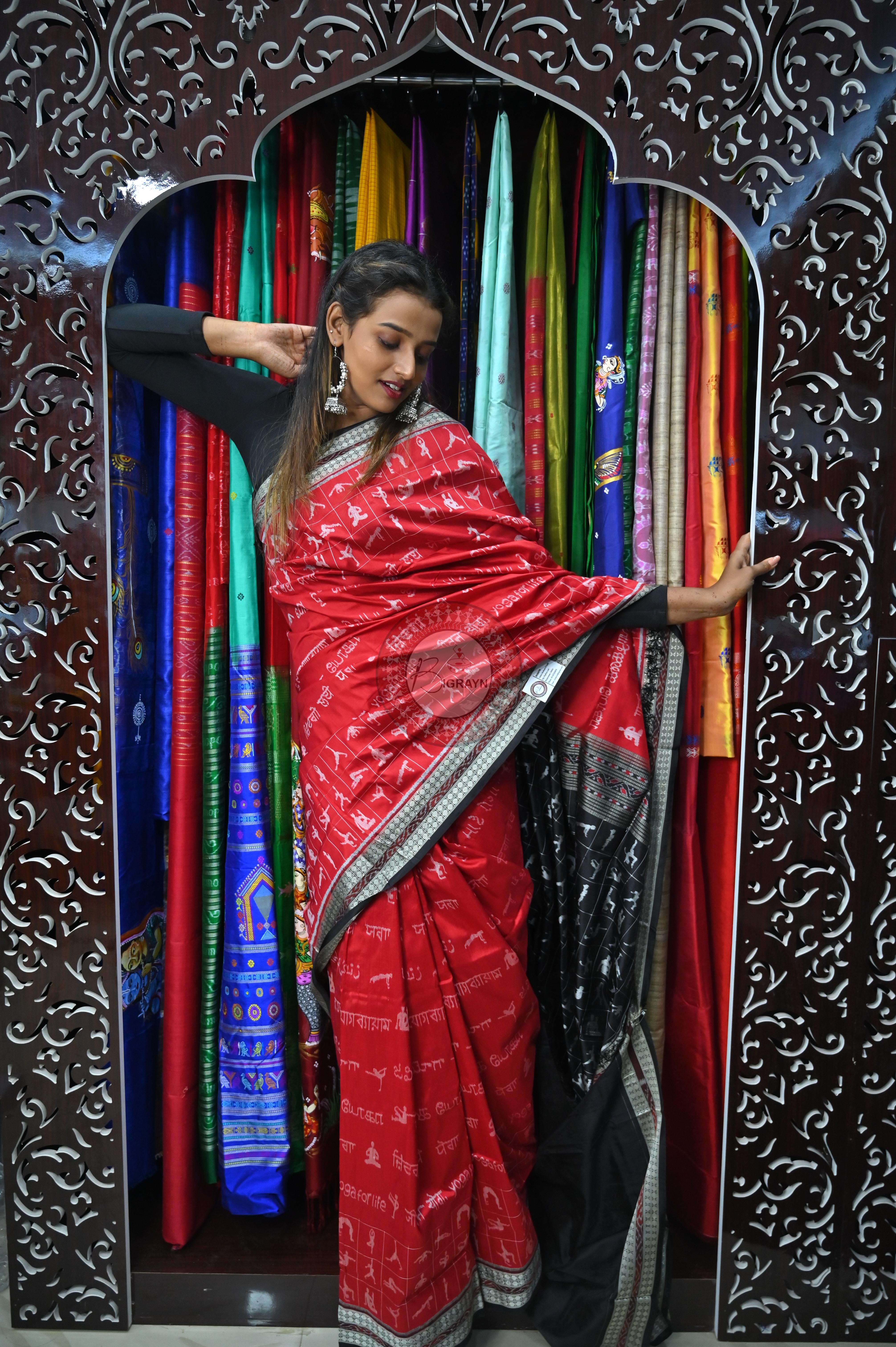 Red Black Exclusive Yoga Special Sambalpuri Silk Saree