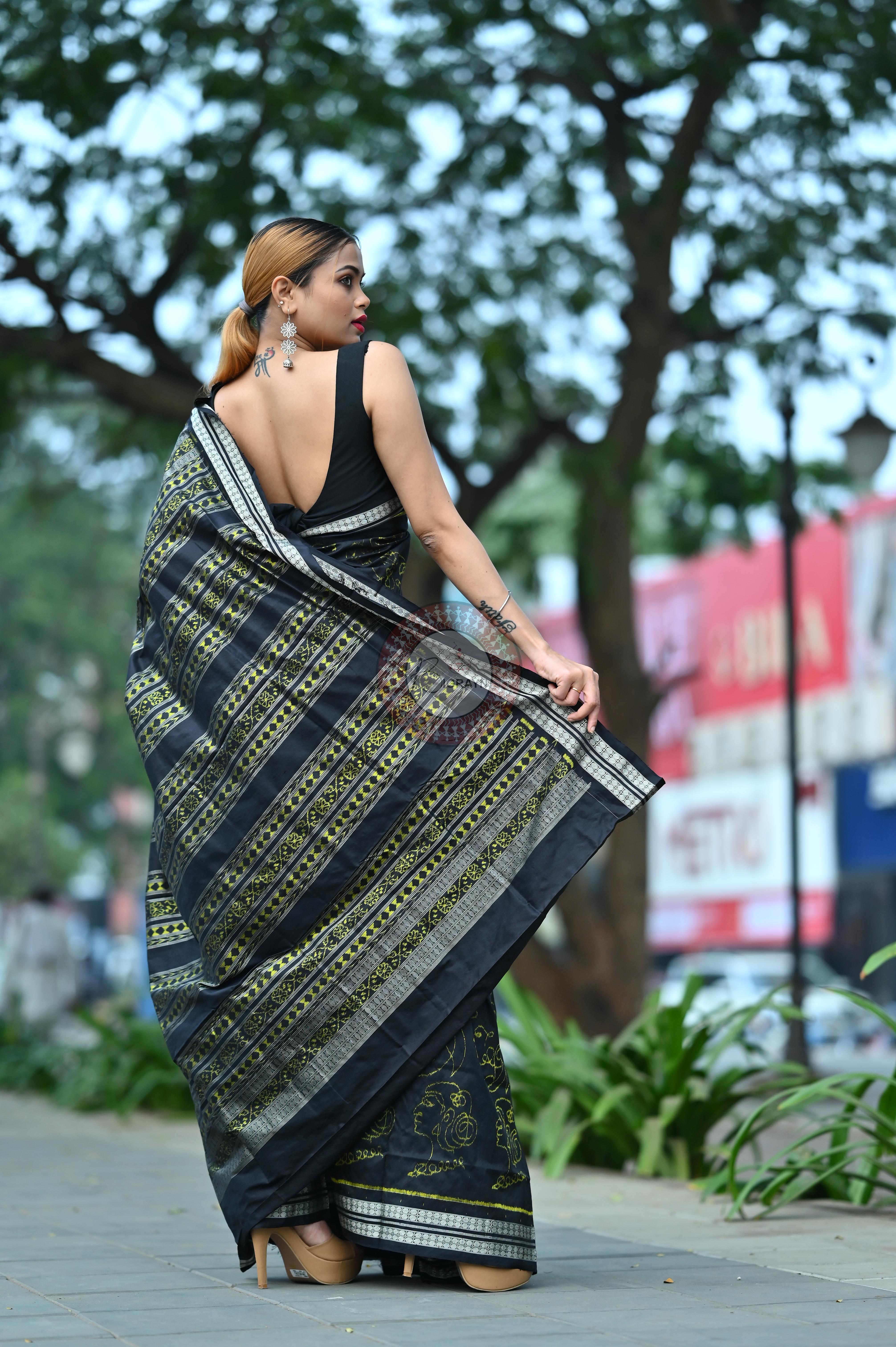 Black Neon Women Heads Sambalpuri Silk Saree