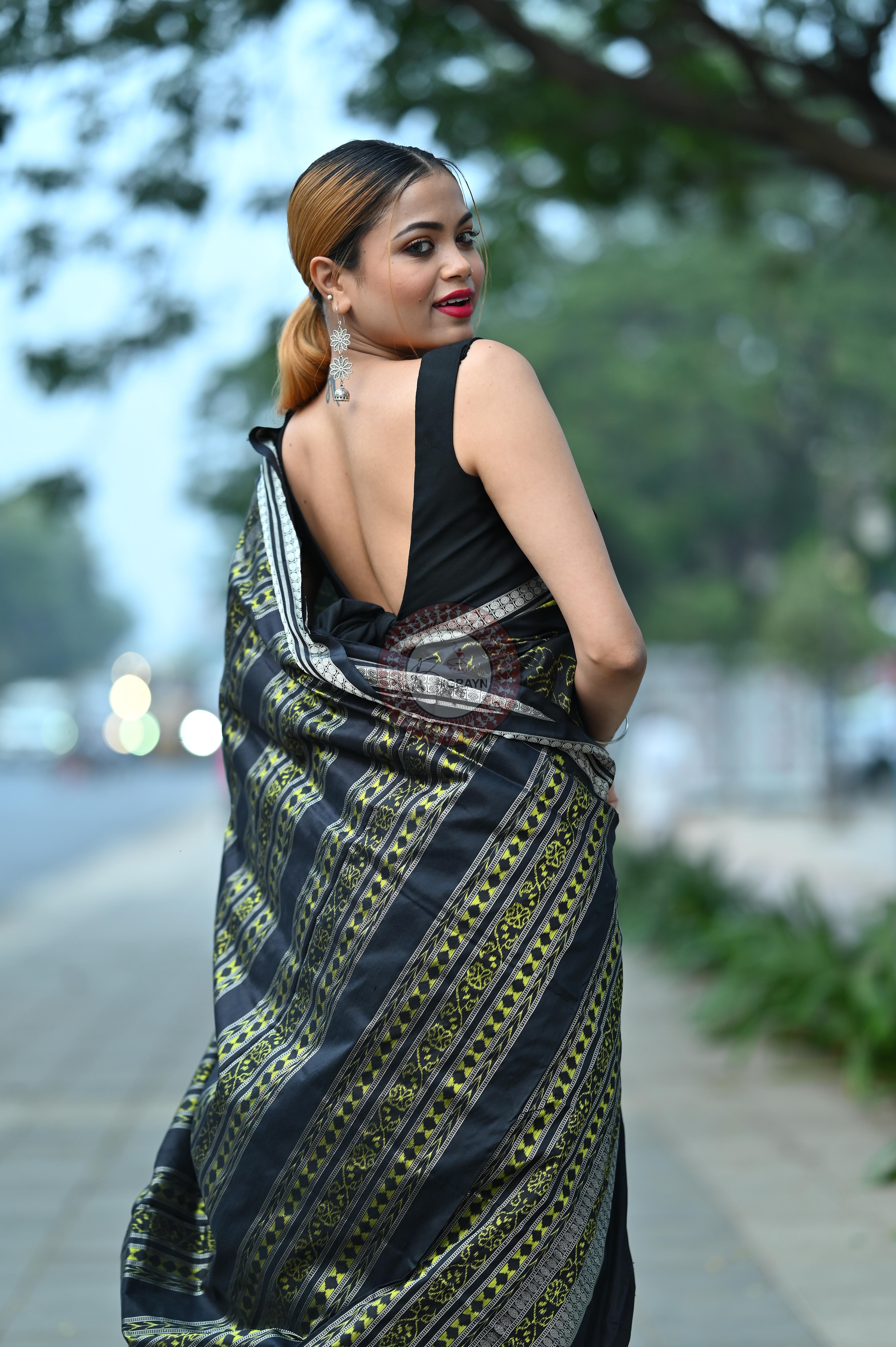 Black Neon Women Heads Sambalpuri Silk Saree