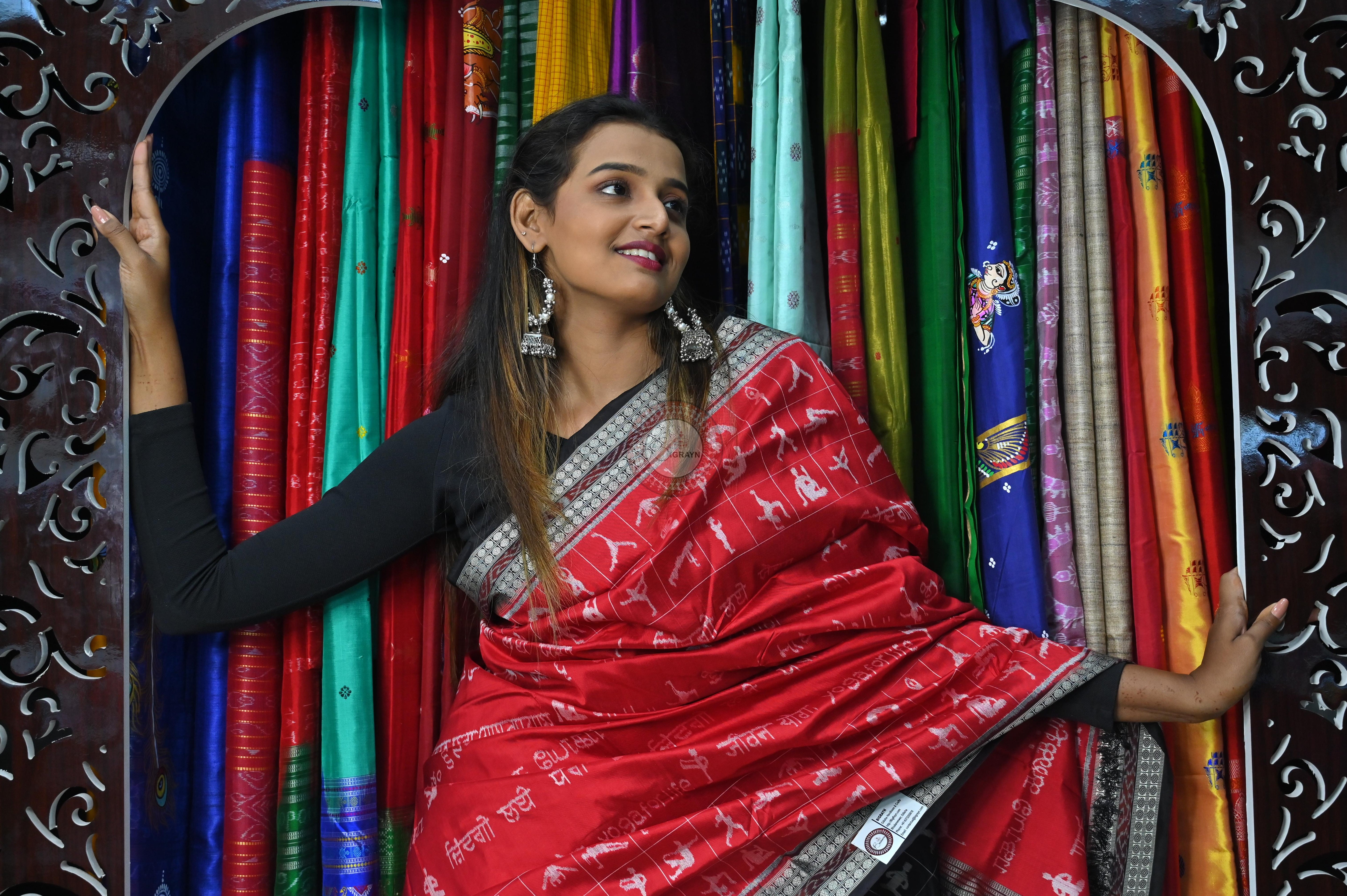 Red Black Exclusive Yoga Special Sambalpuri Silk Saree