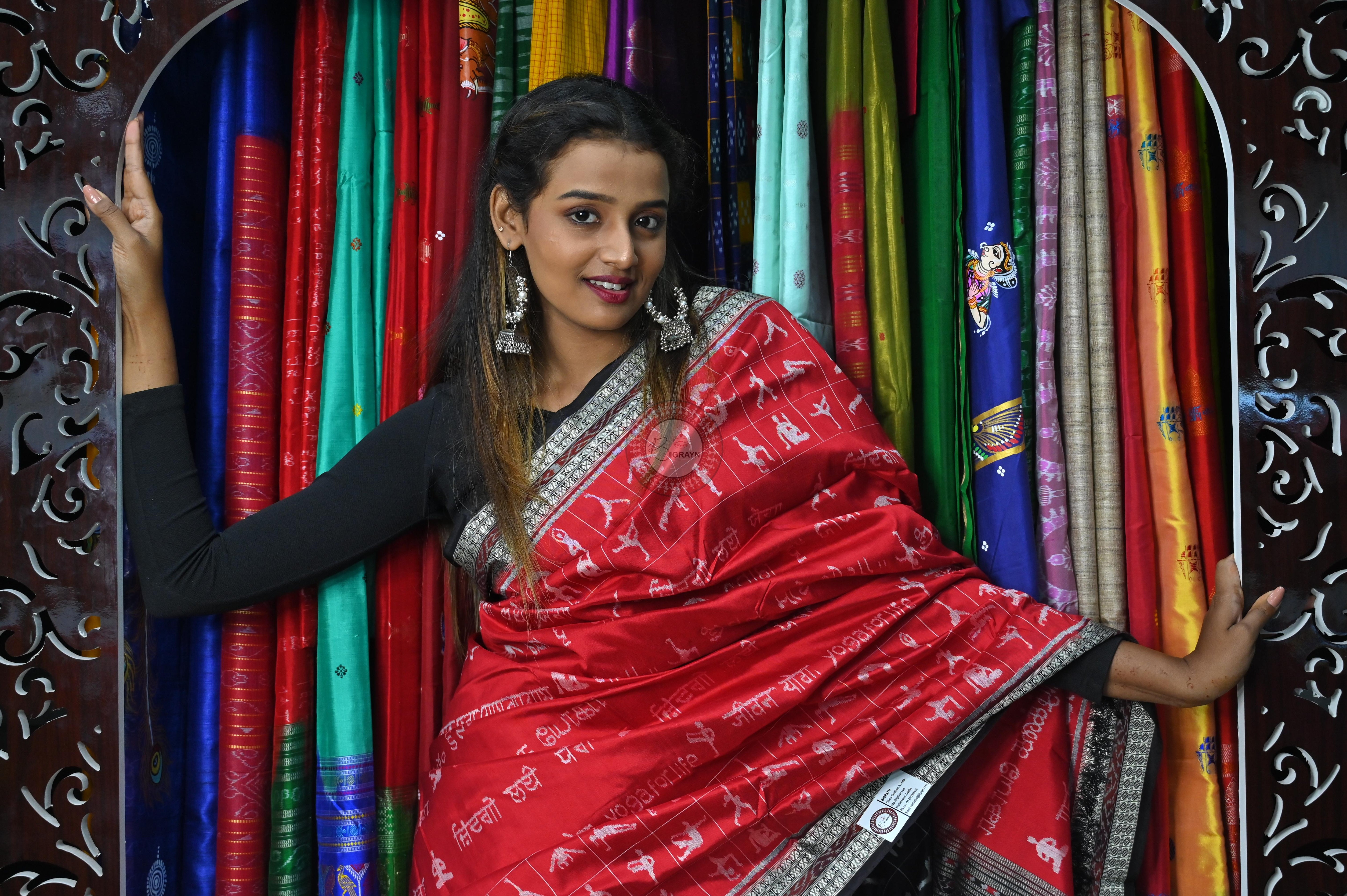 Red Black Exclusive Yoga Special Sambalpuri Silk Saree