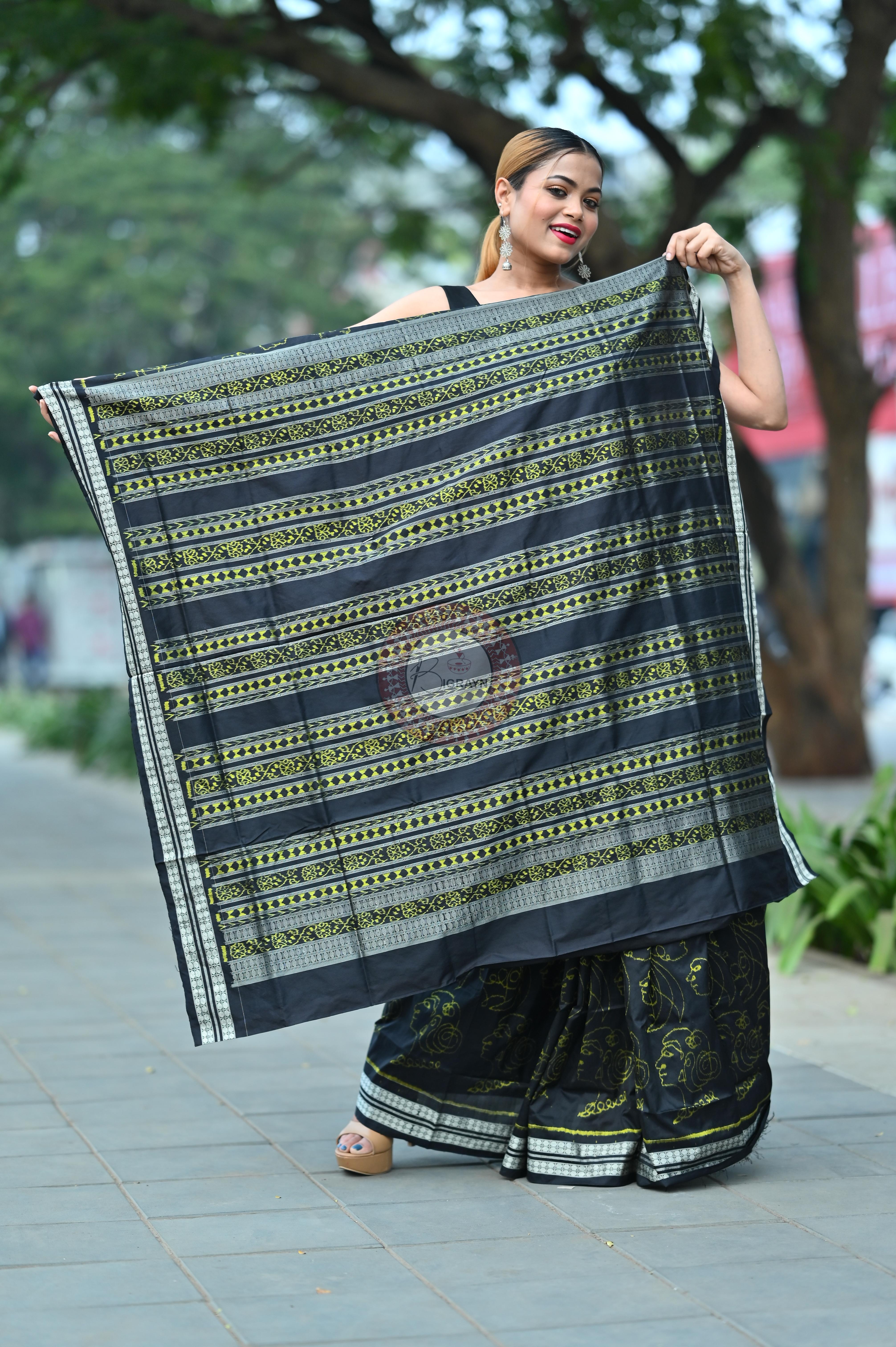 Black Neon Women Heads Sambalpuri Silk Saree