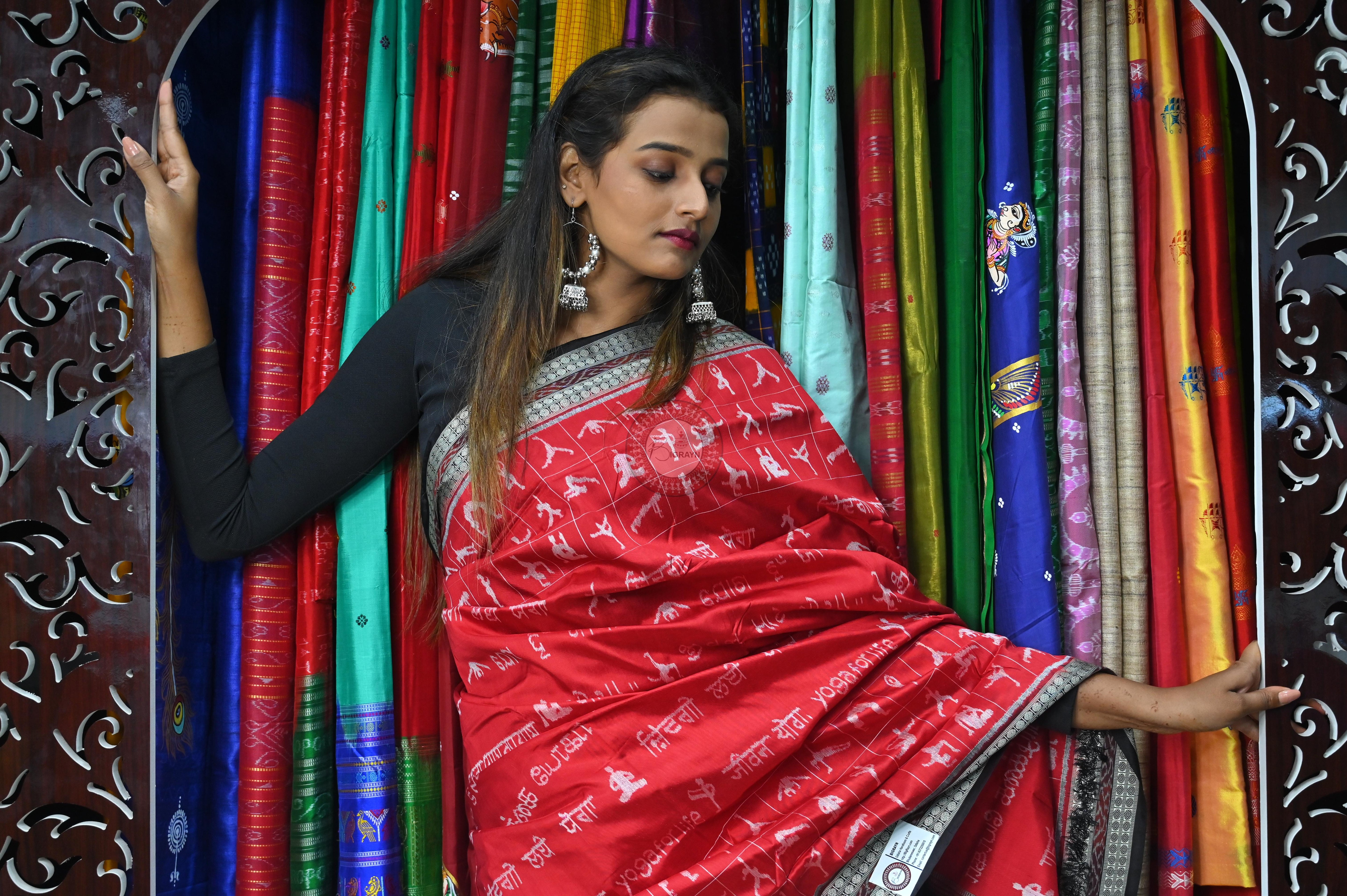 Red Black Exclusive Yoga Special Sambalpuri Silk Saree