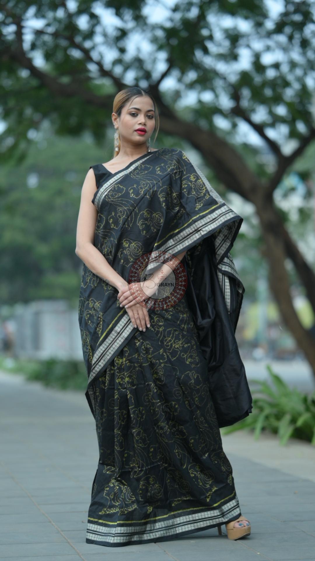 Black Neon Women Heads Sambalpuri Silk Saree