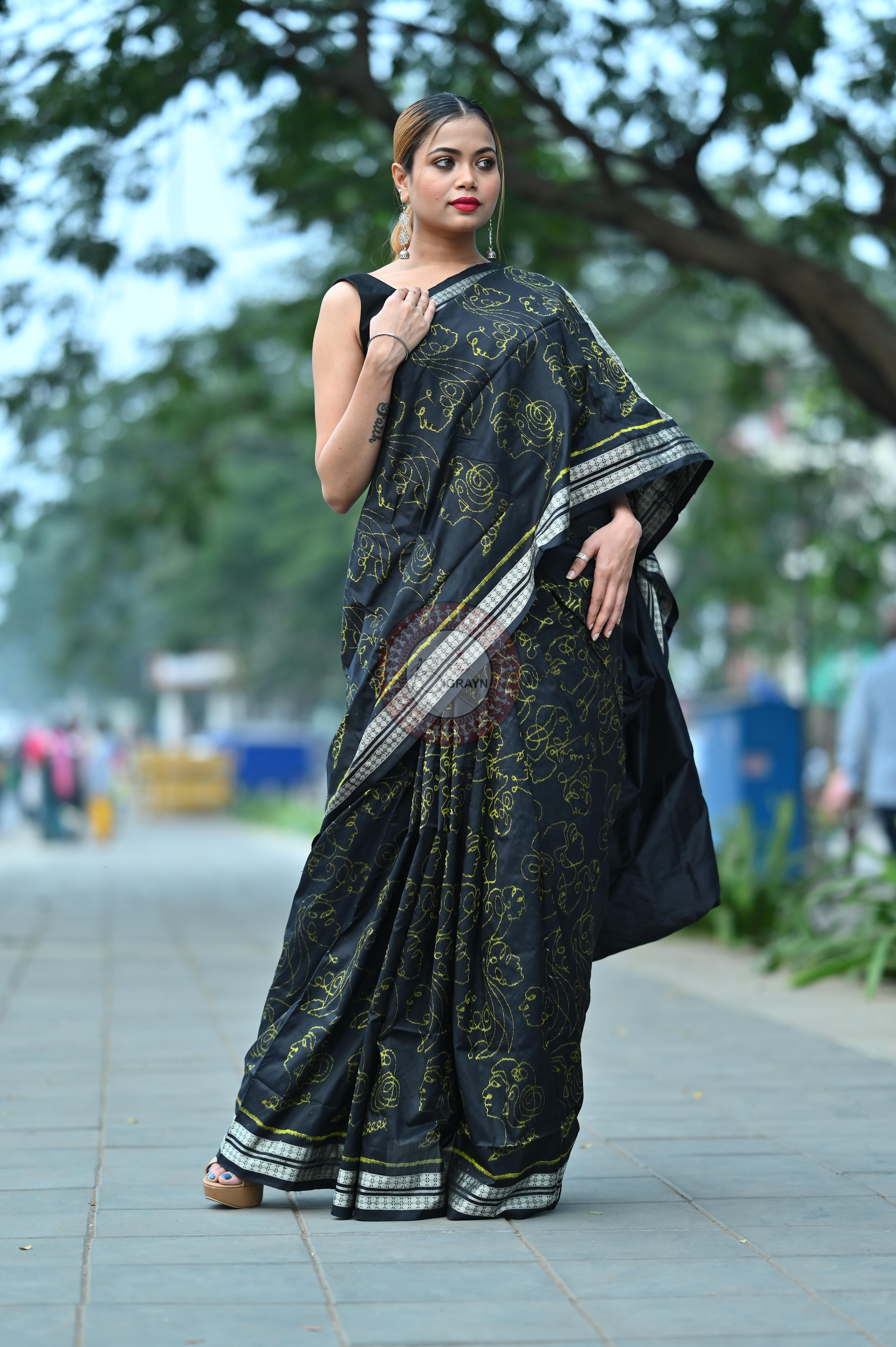 Black Neon Women Heads Sambalpuri Silk Saree