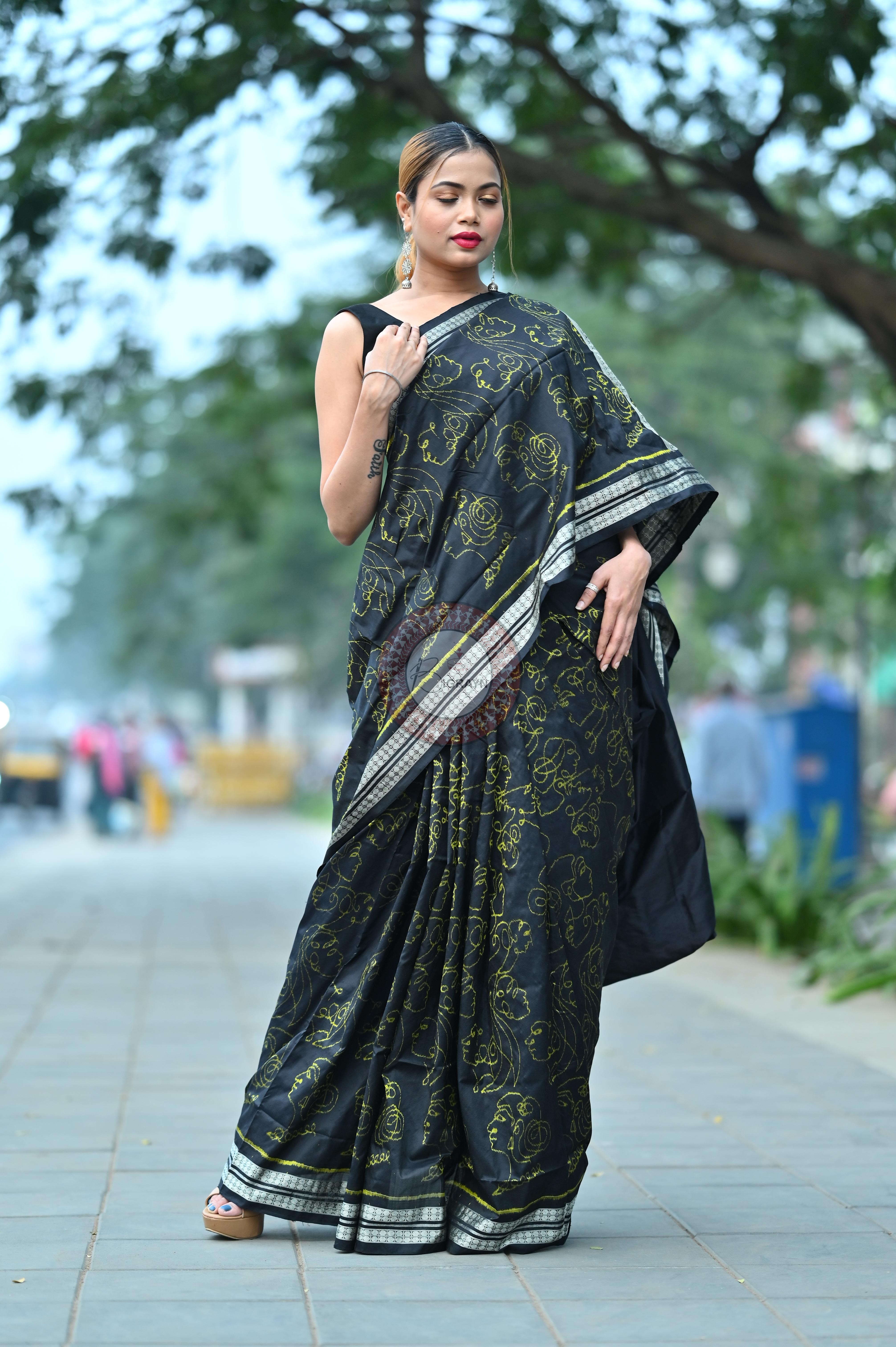 Black Neon Women Heads Sambalpuri Silk Saree