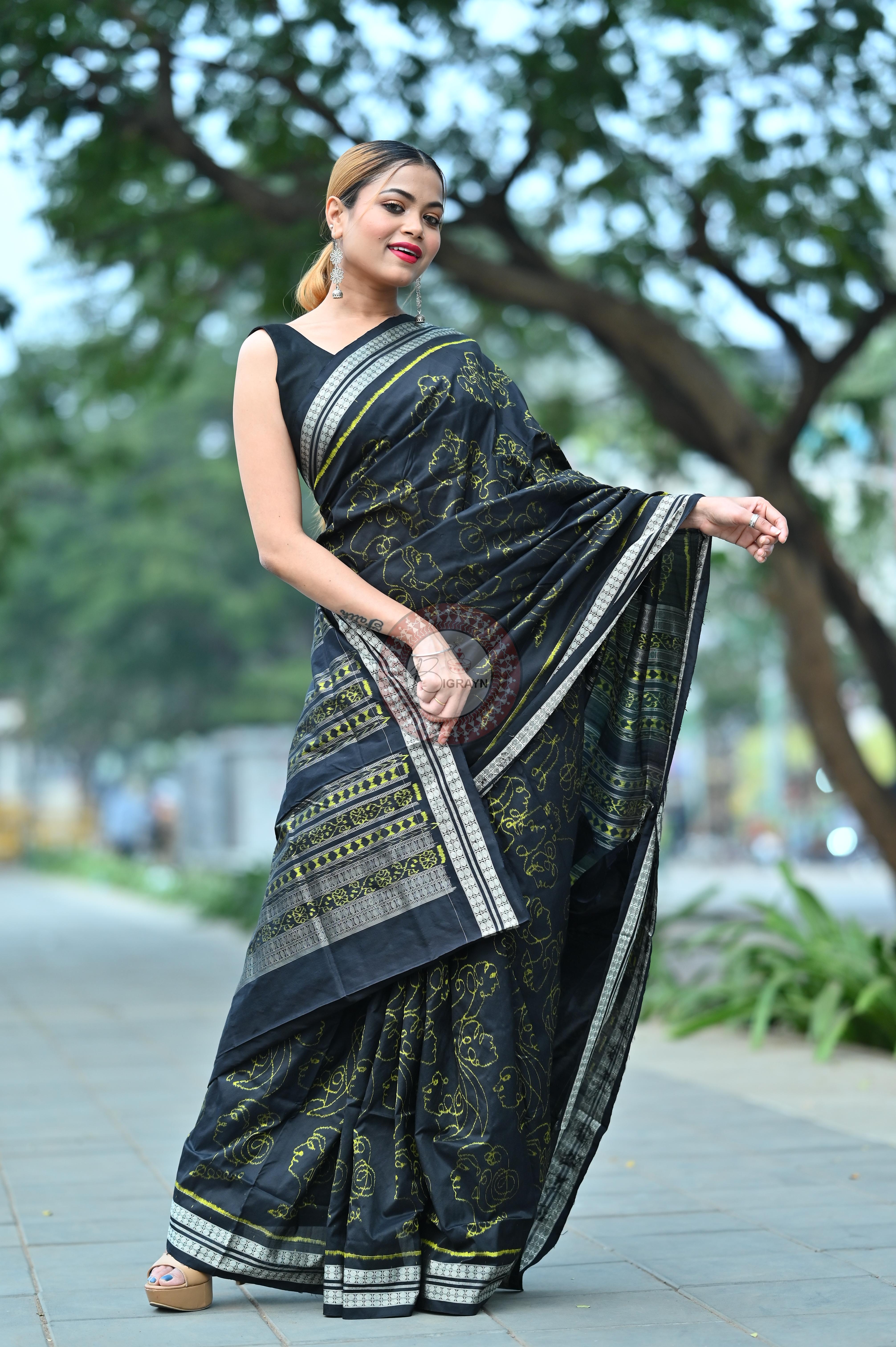 Black Neon Women Heads Sambalpuri Silk Saree