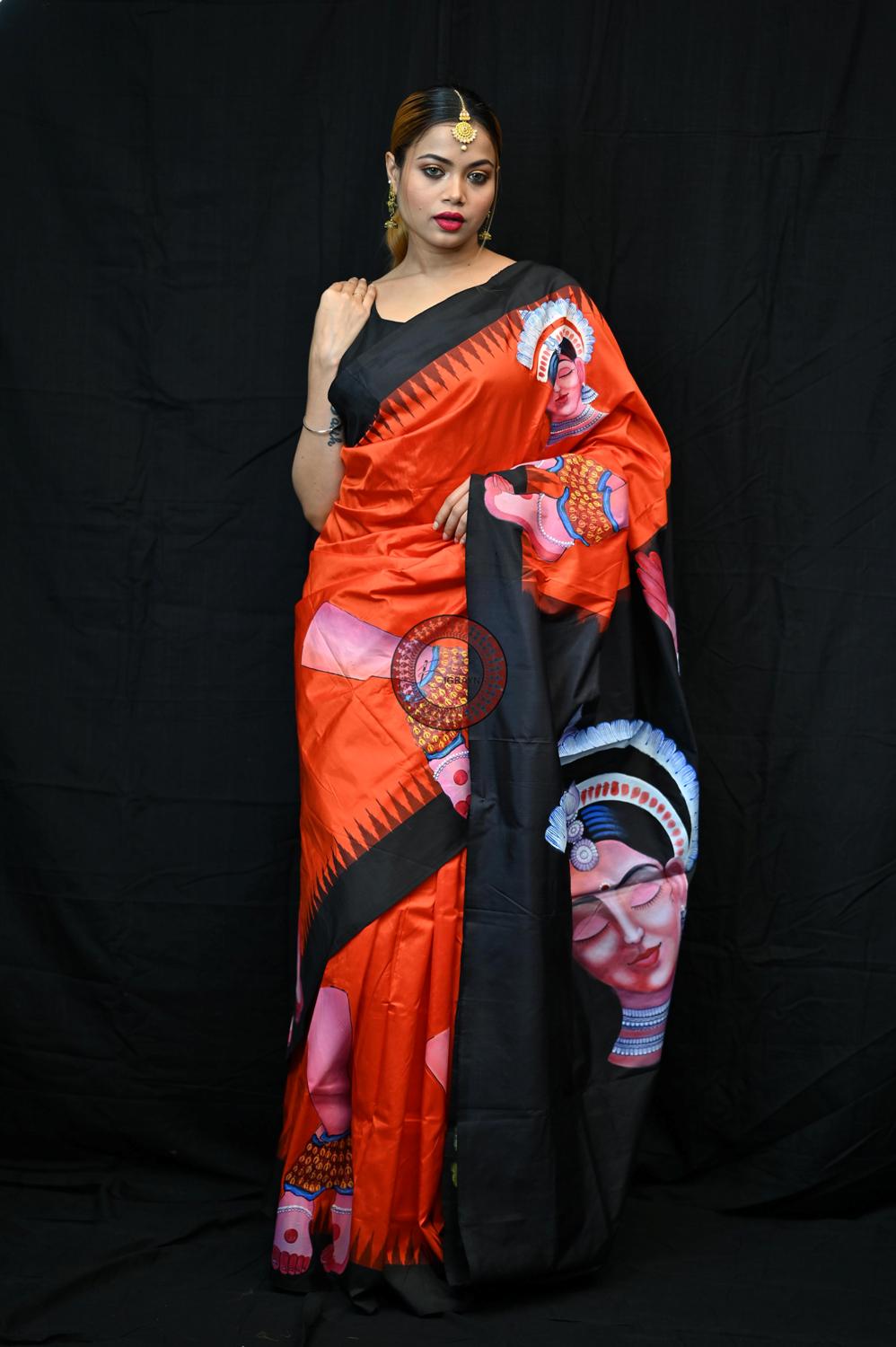 Orange Black Odisha Theme Pattachitra Silk Saree