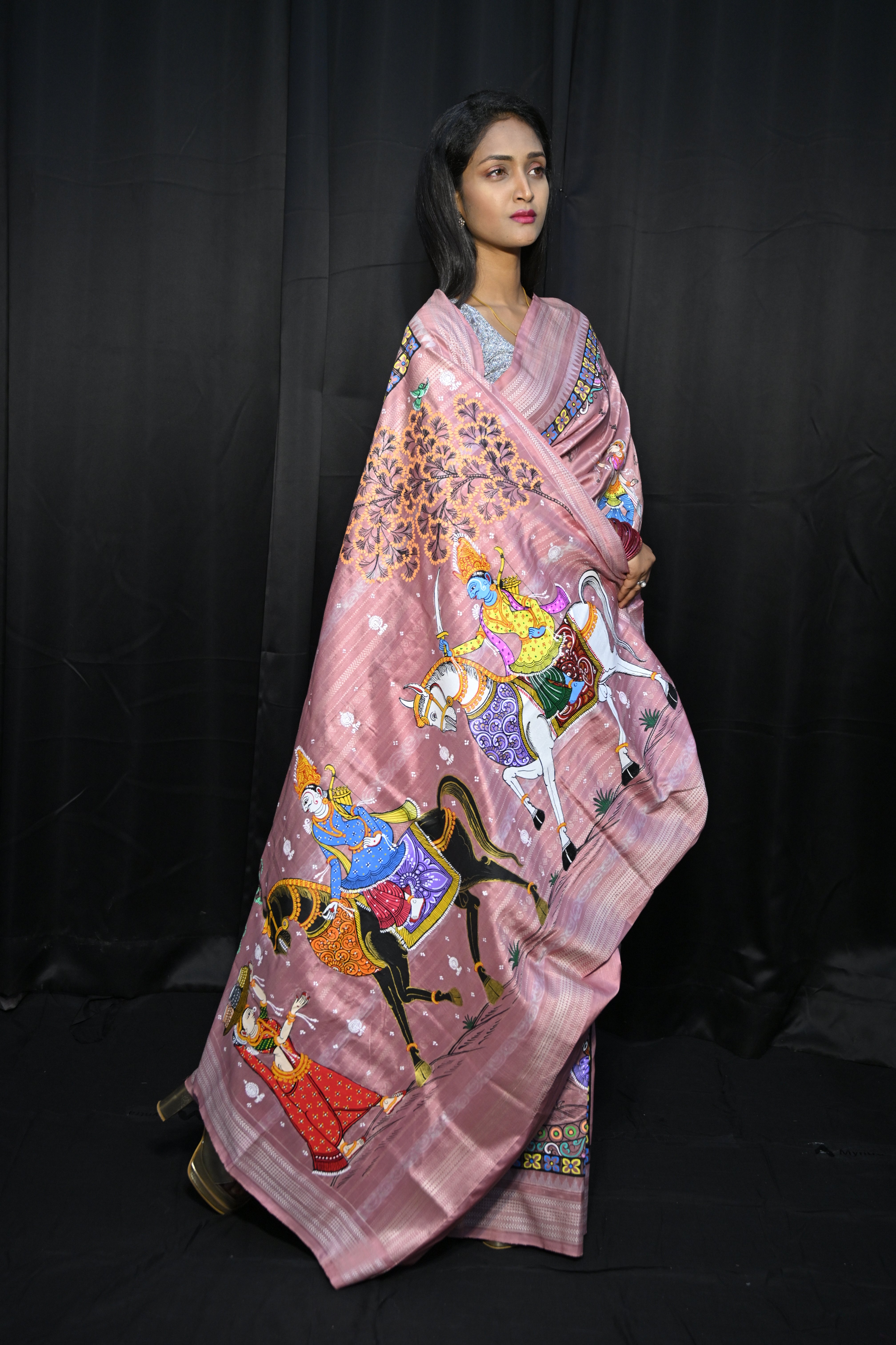 Pink Big Box Boita Theme Pattachitra Sambalpuri Natural Dye Silk Saree