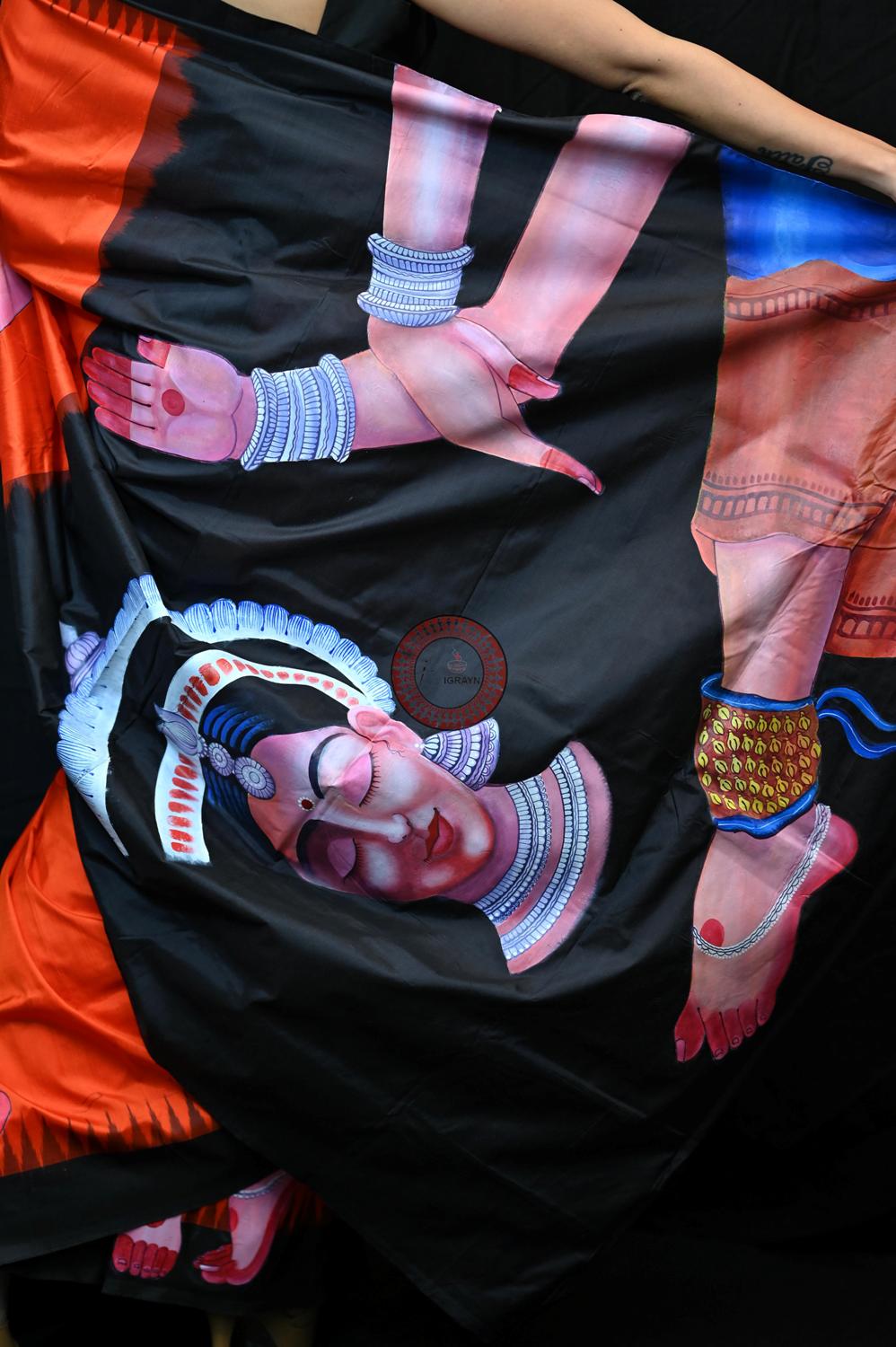Orange Black Odisha Theme Pattachitra Silk Saree