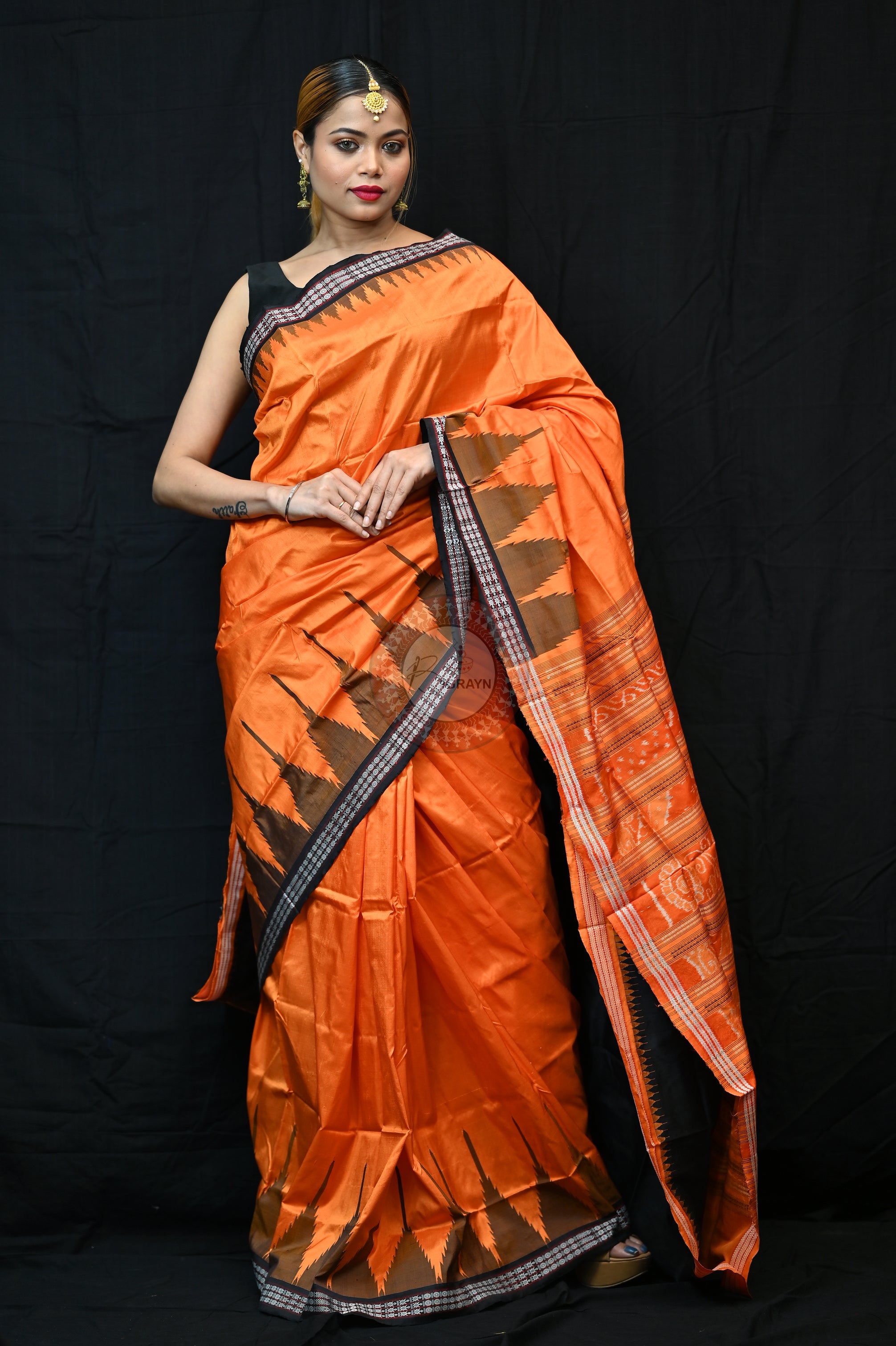 Orange Black Phoda Kumbha Sambalpuri Silk Saree