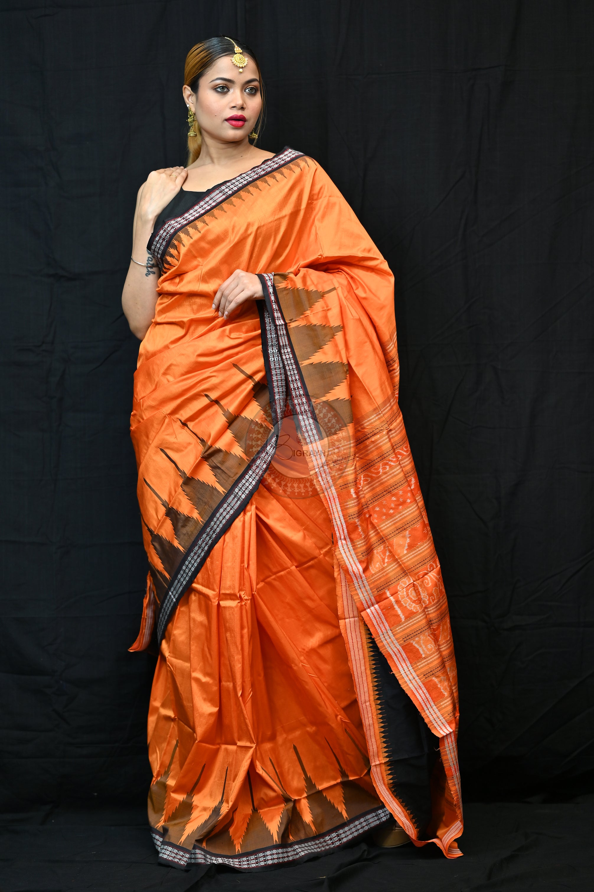 Orange Black Phoda Kumbha Sambalpuri Silk Saree