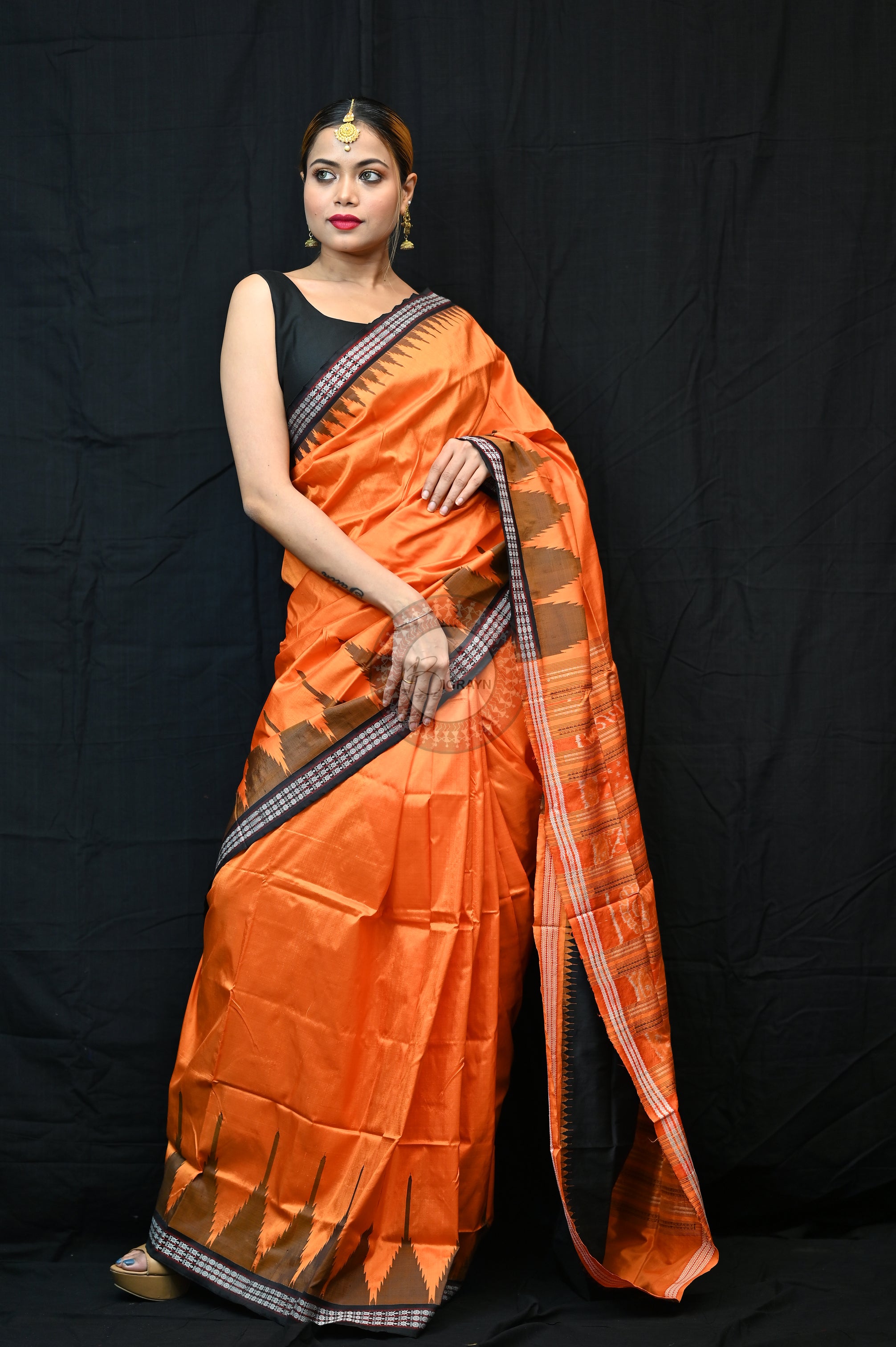 Orange Black Phoda Kumbha Sambalpuri Silk Saree