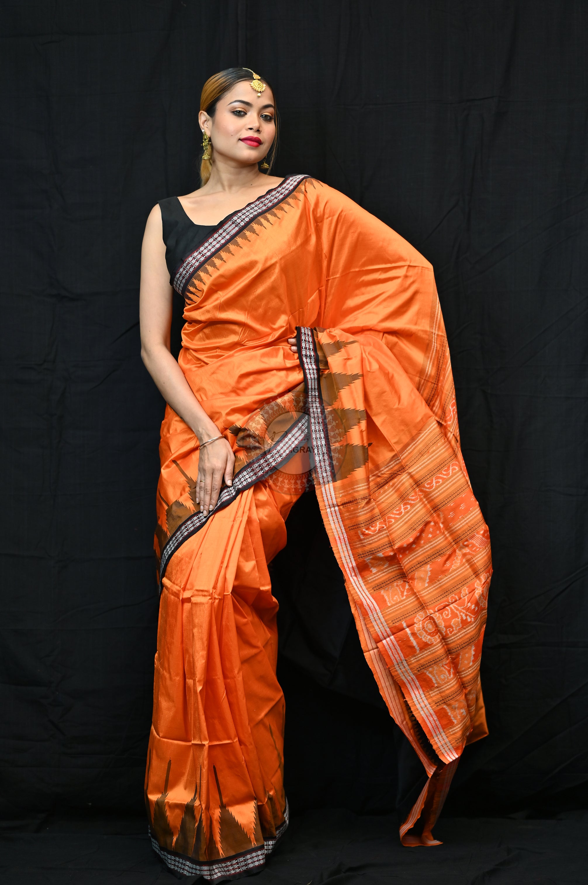 Orange Black Phoda Kumbha Sambalpuri Silk Saree