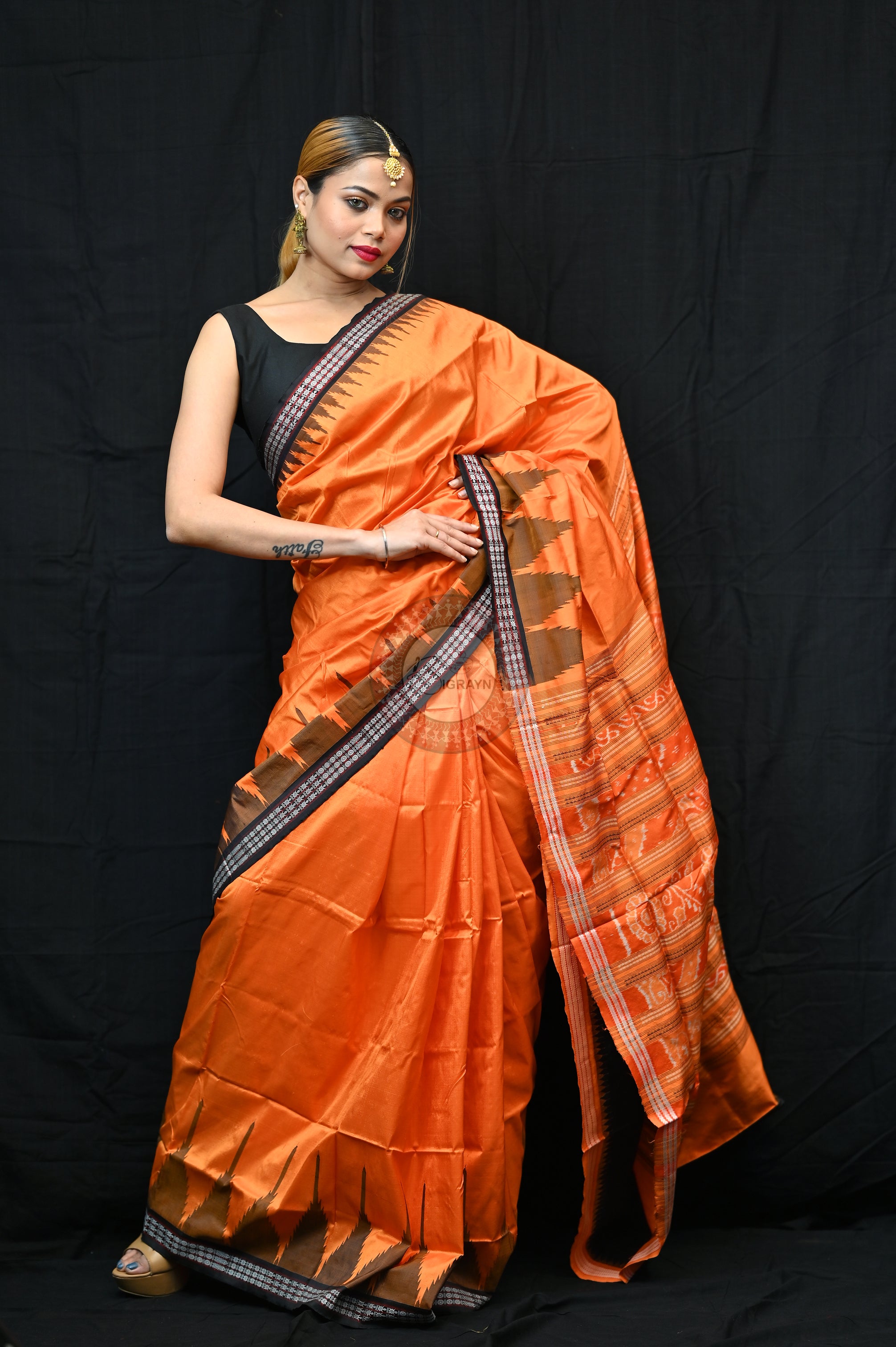 Orange Black Phoda Kumbha Sambalpuri Silk Saree