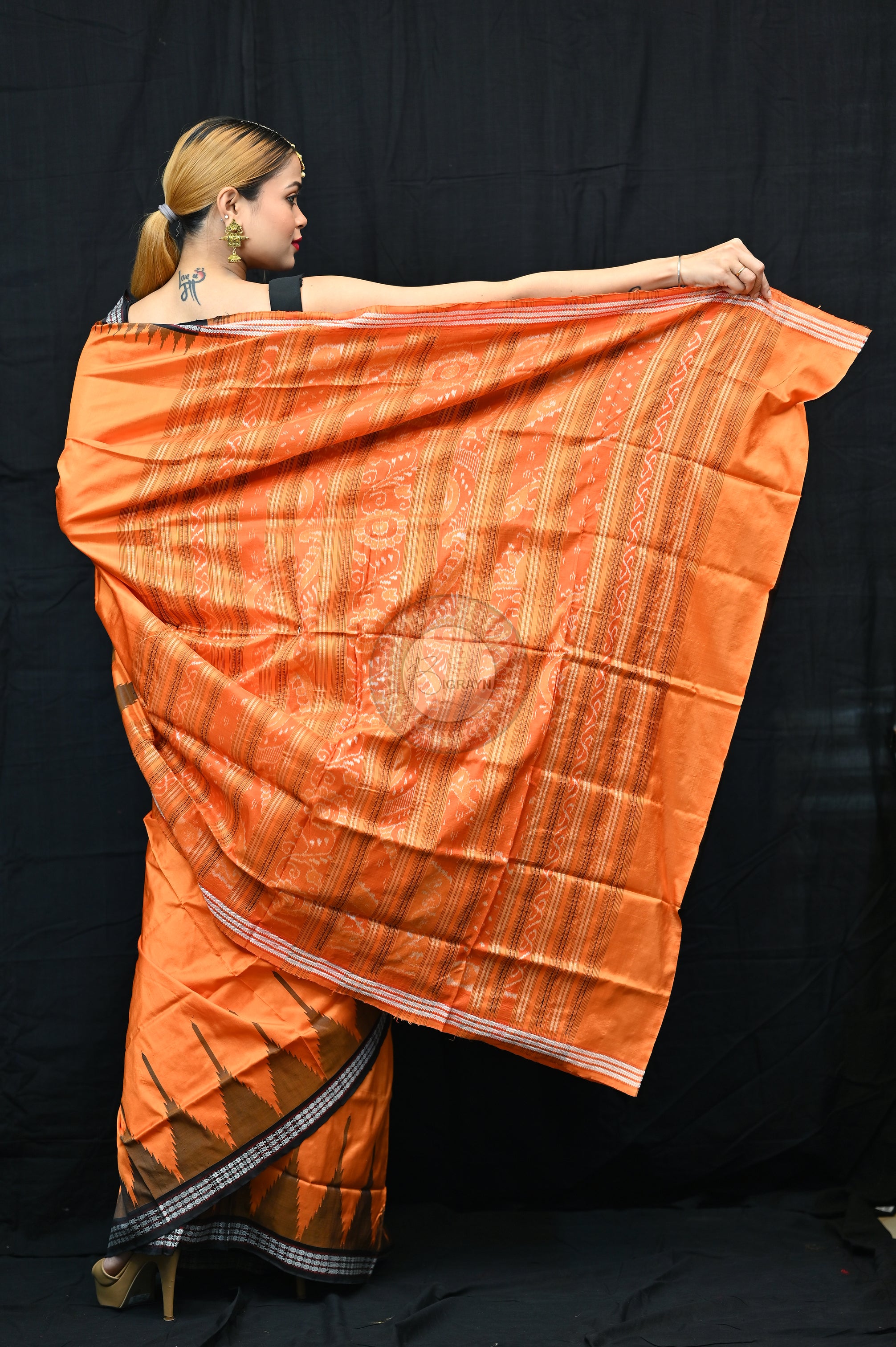 Orange Black Phoda Kumbha Sambalpuri Silk Saree