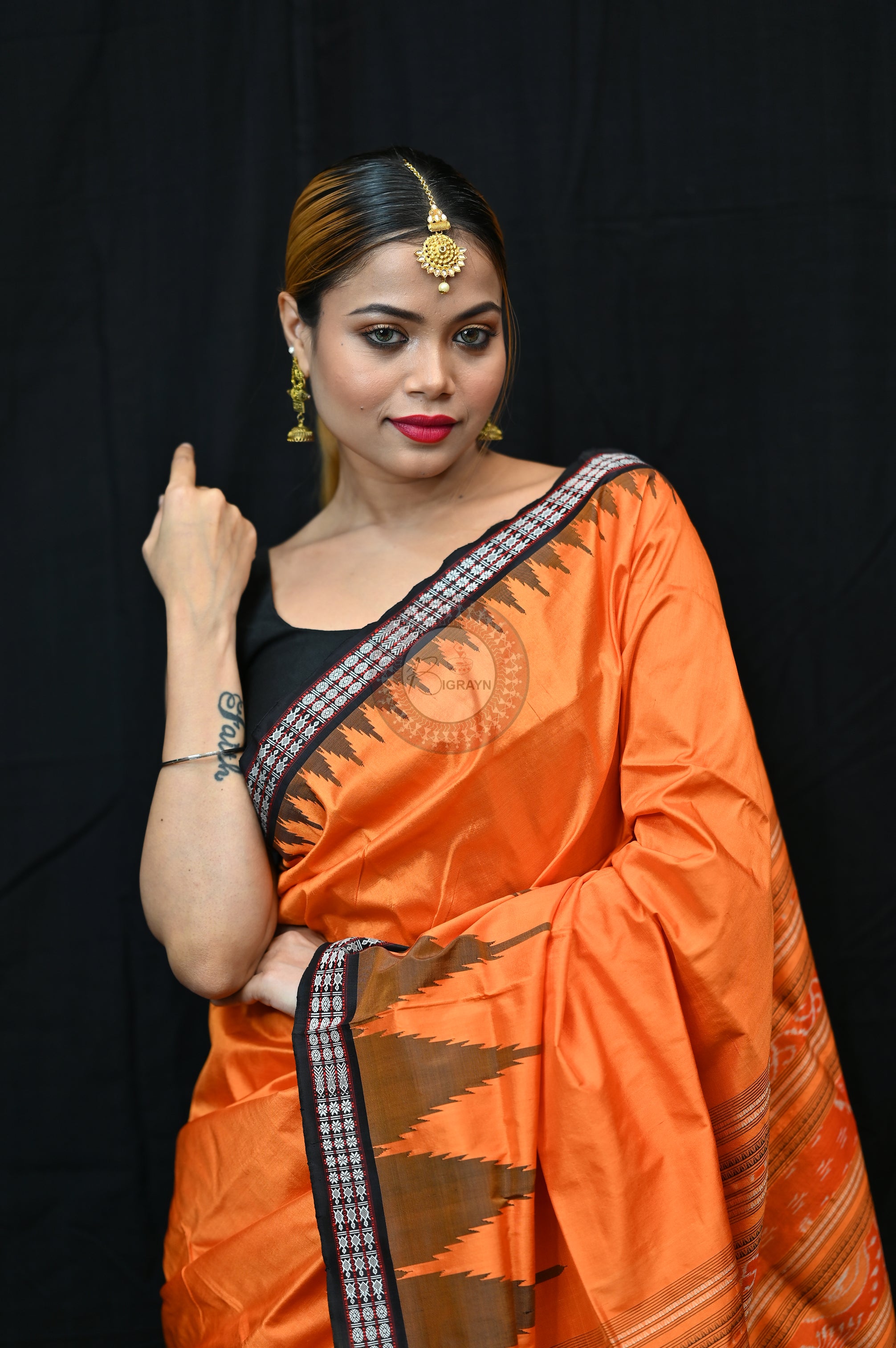 Orange Black Phoda Kumbha Sambalpuri Silk Saree