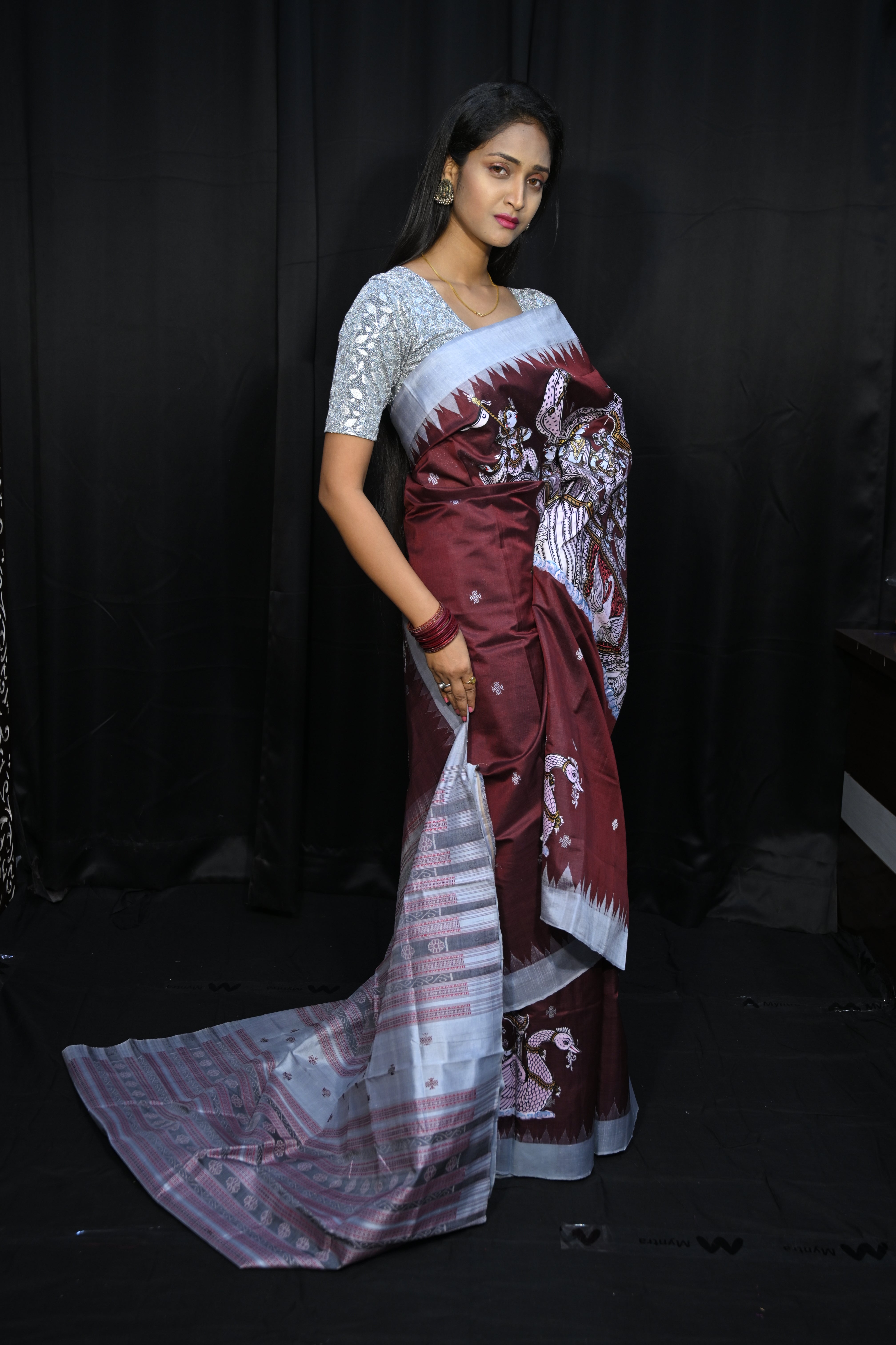 Coffee Grey Boita Theme Pattachitra Sambalpuri Silk Saree