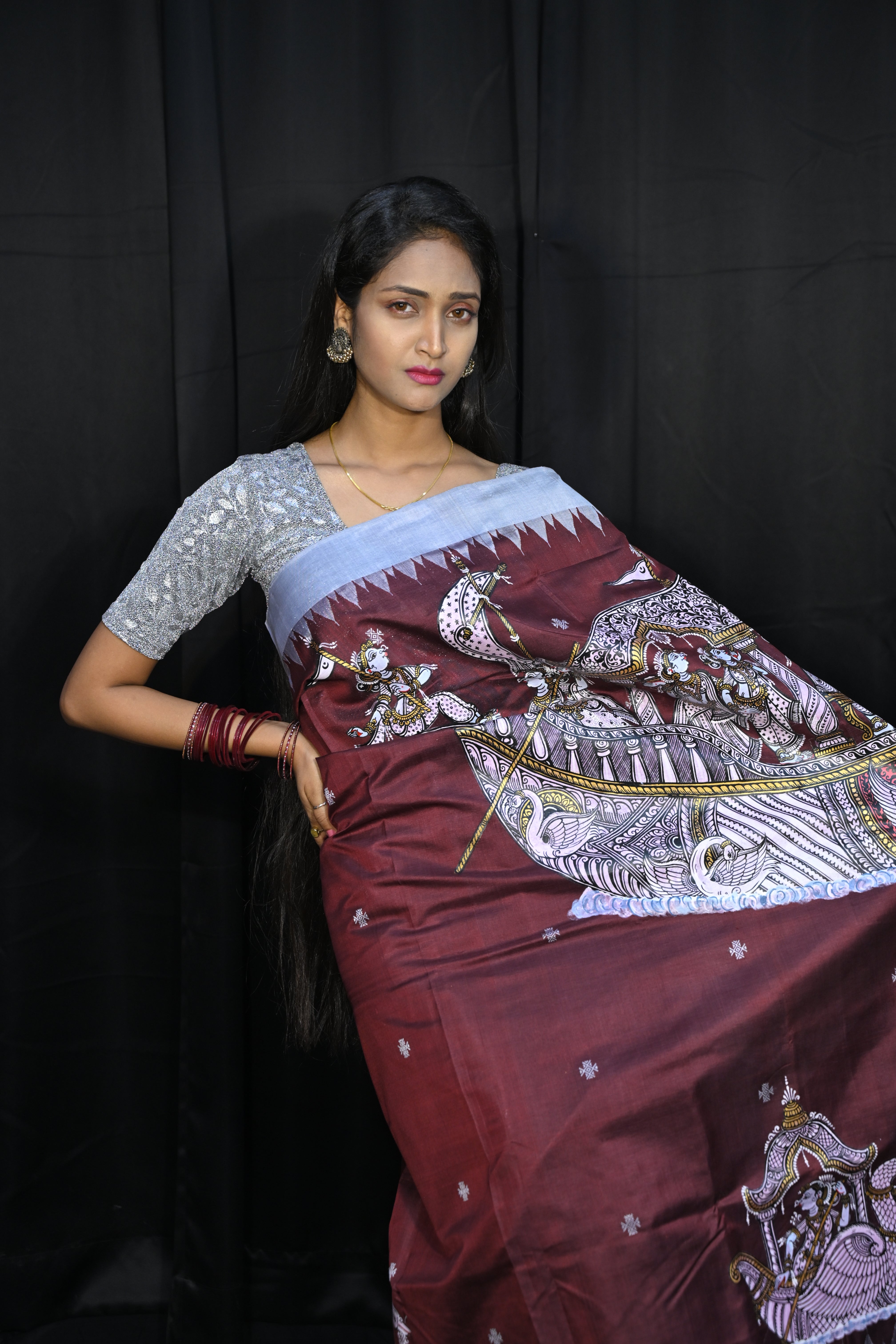 Coffee Grey Boita Theme Pattachitra Sambalpuri Silk Saree