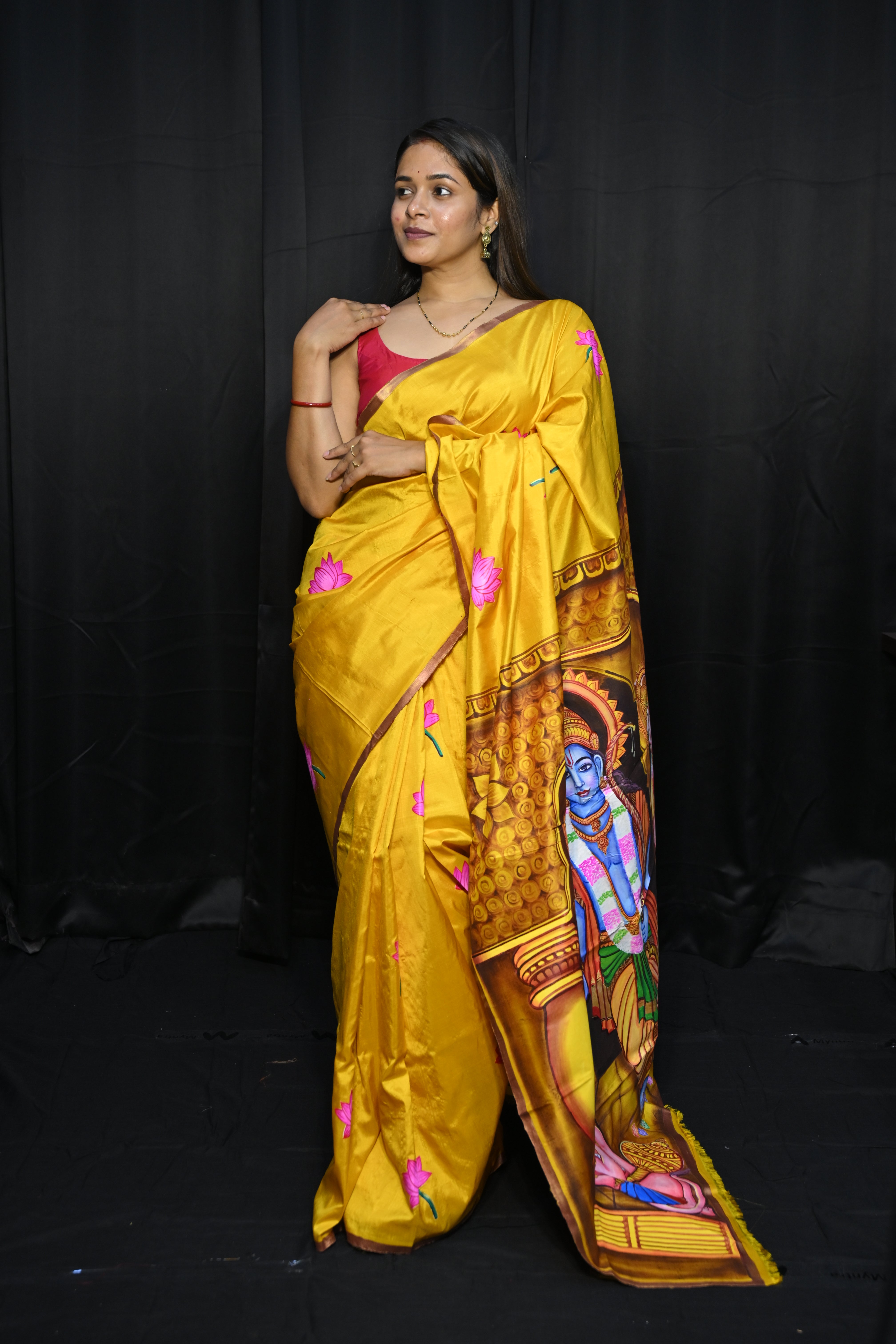 Golden Yellow Rama Sita Theme Pattachitra Sambalpuri Silk Saree
