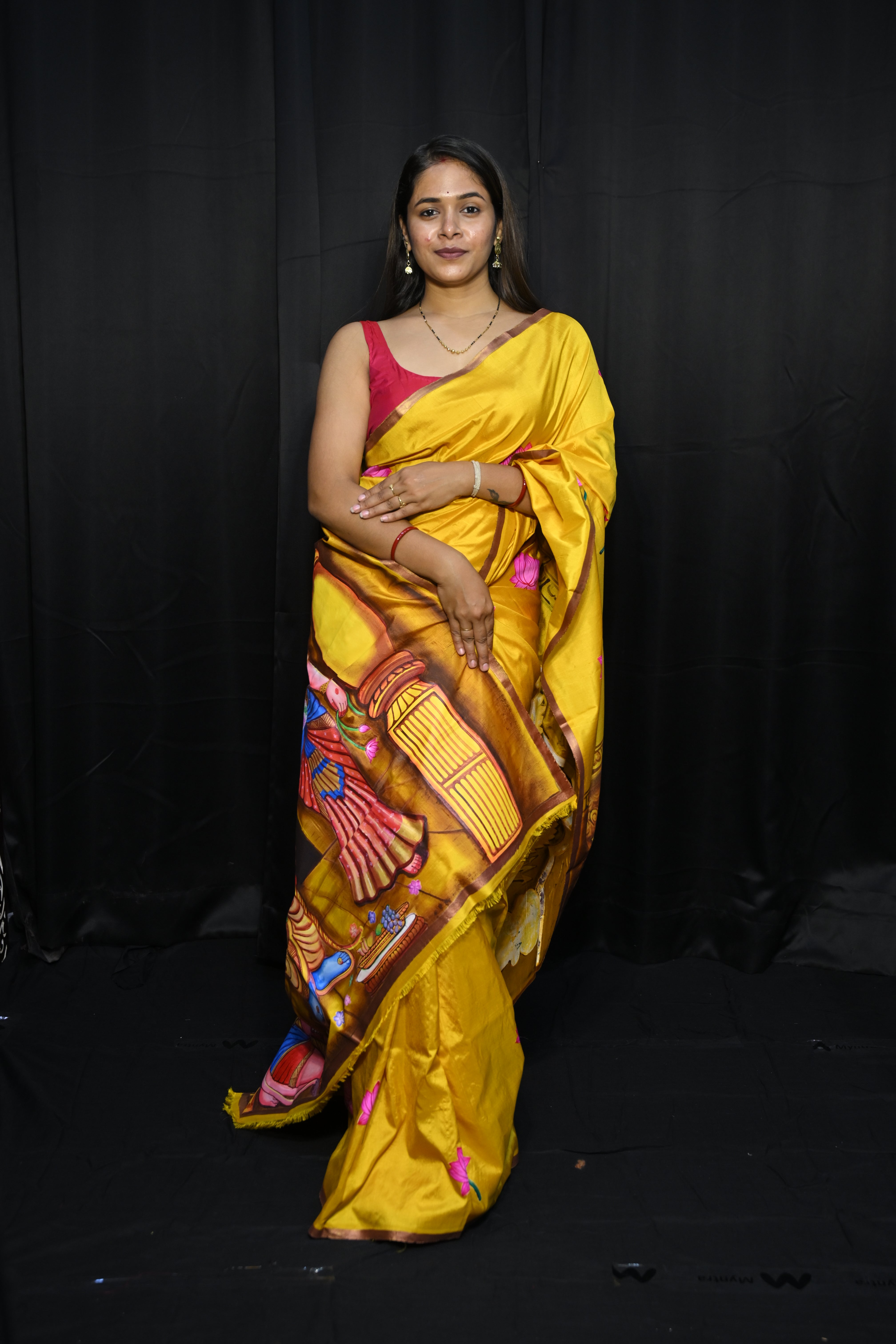 Golden Yellow Rama Sita Theme Pattachitra Sambalpuri Silk Saree