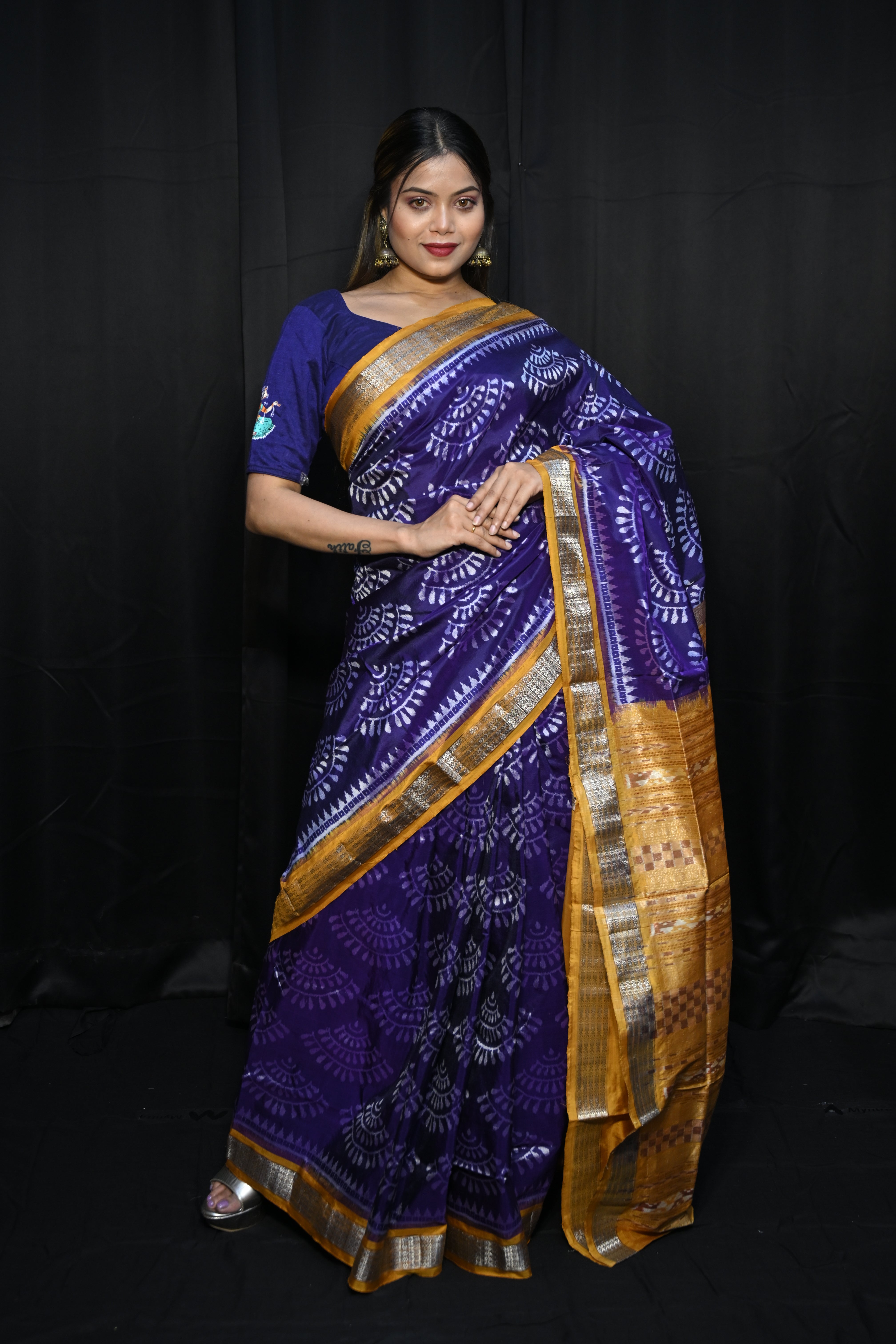 Purple Mustard Yellow Half Tissue Sambalpuri Silk Saree