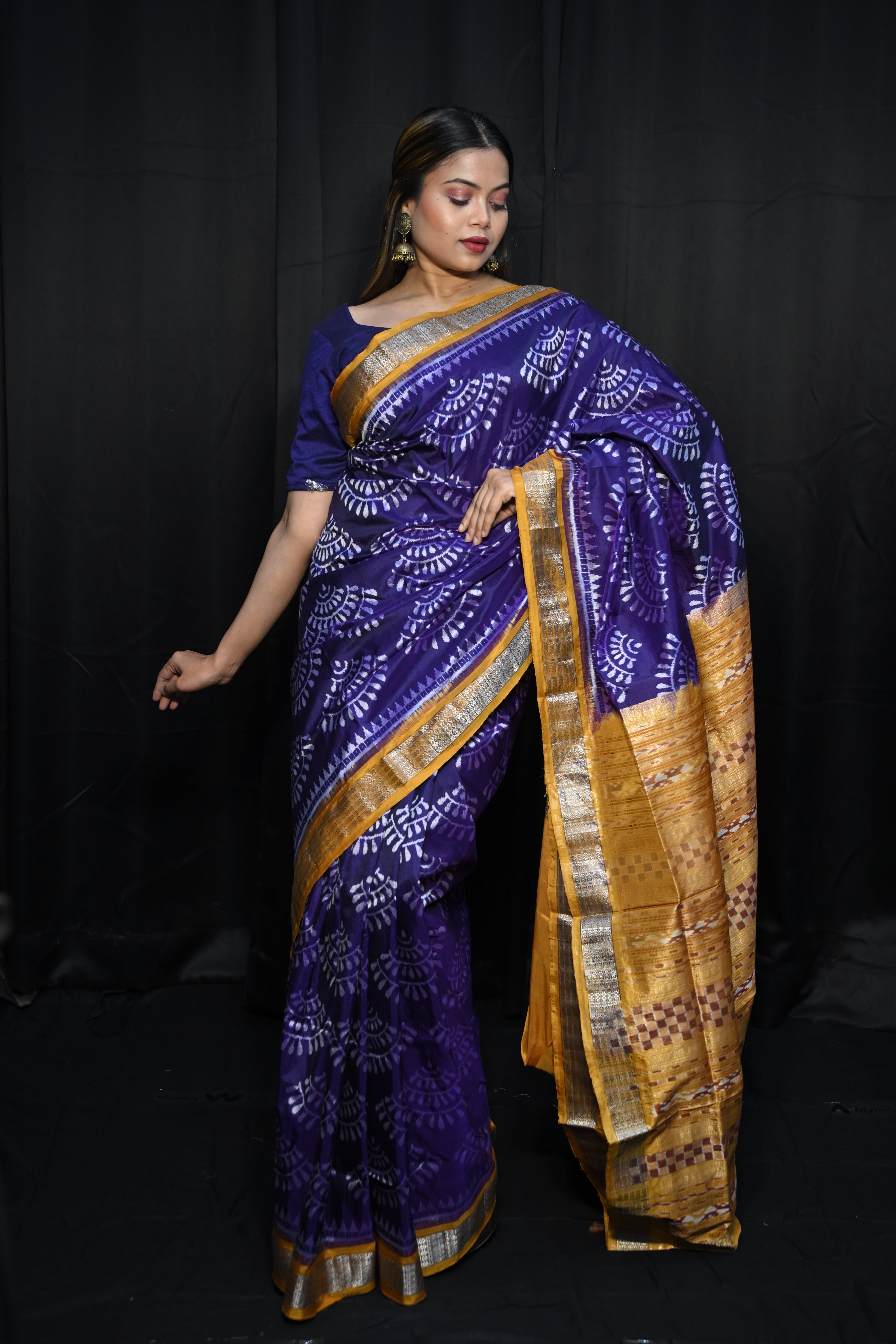 Purple Mustard Yellow Half Tissue Sambalpuri Silk Saree