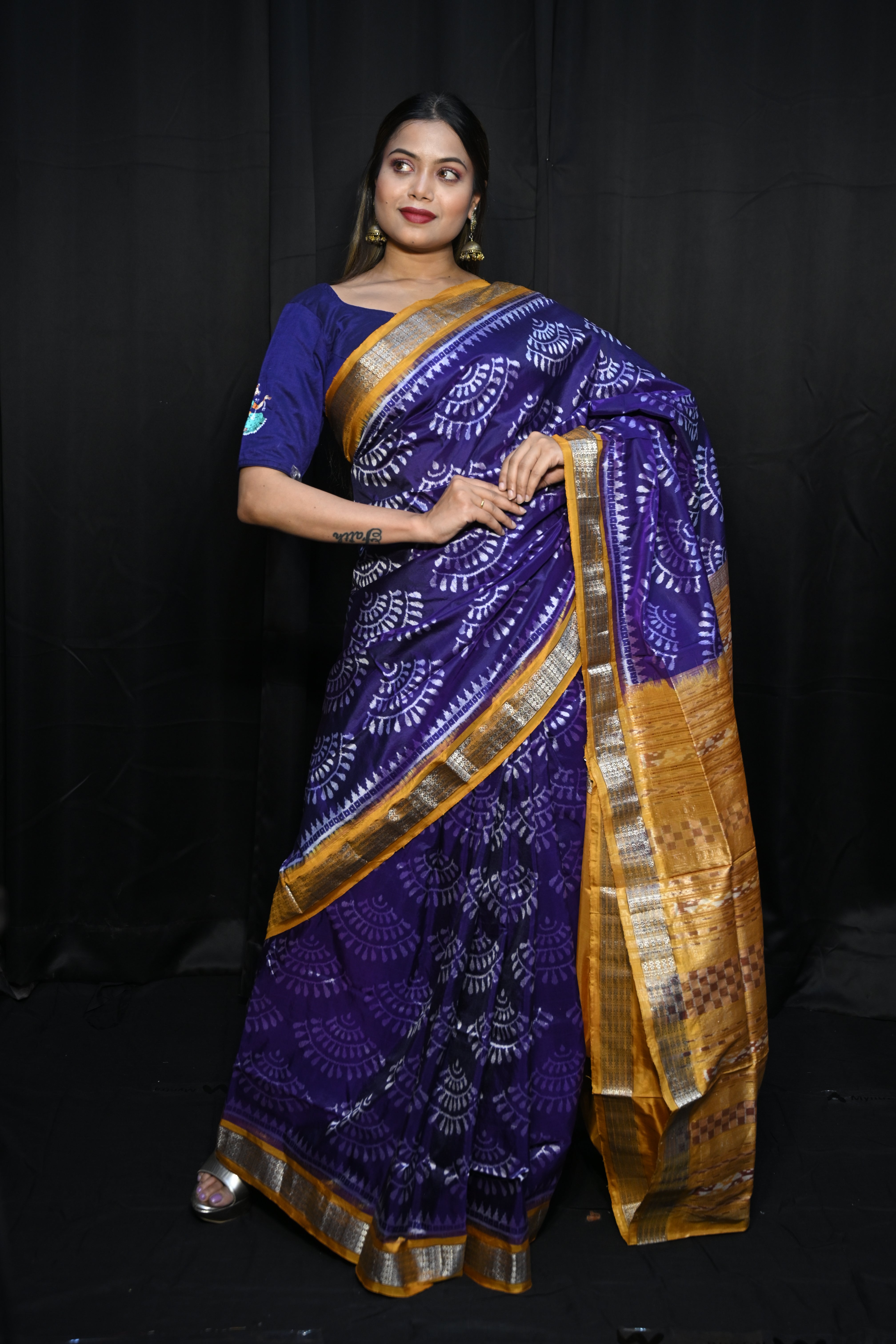 Purple Mustard Yellow Half Tissue Sambalpuri Silk Saree