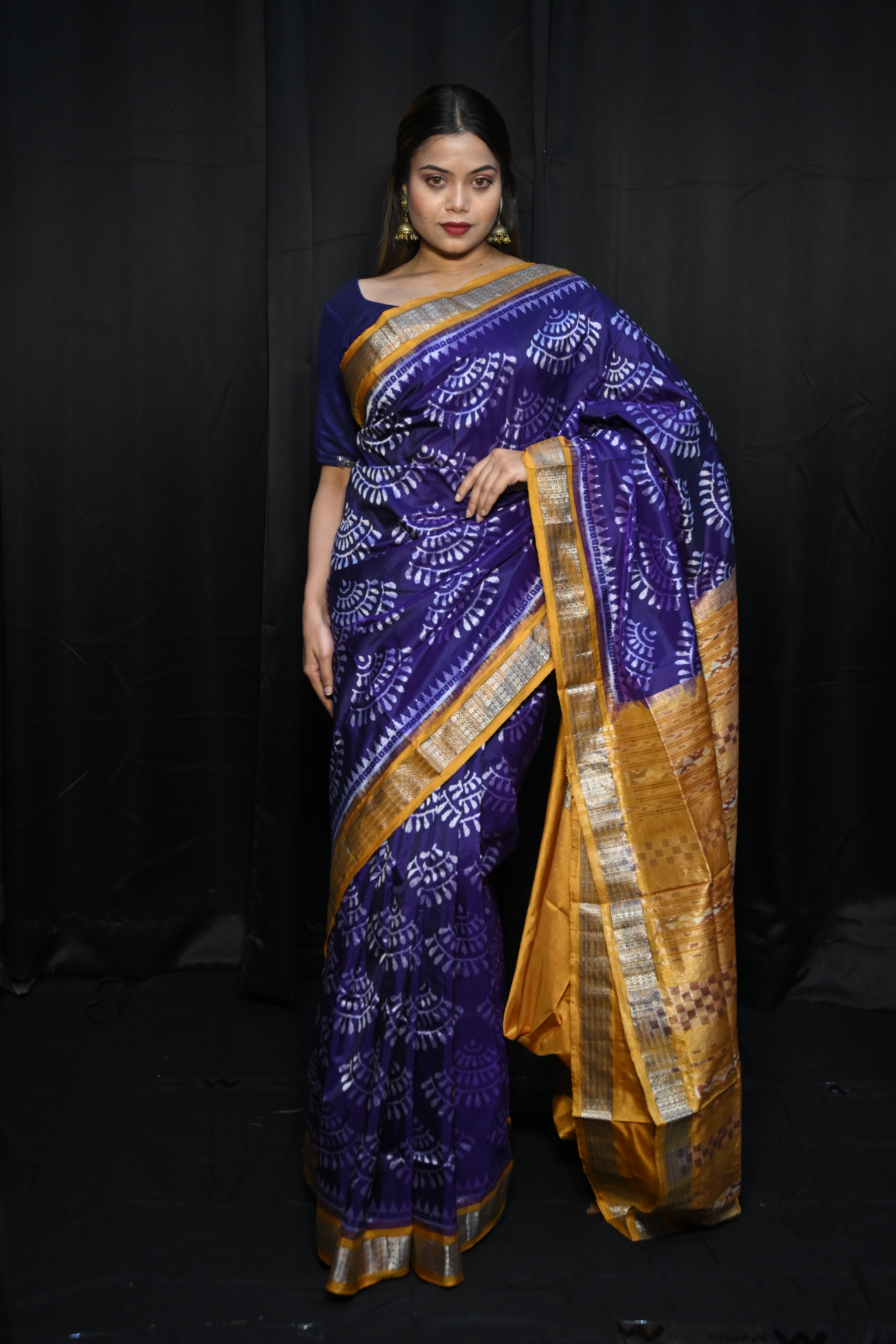 Purple Mustard Yellow Half Tissue Sambalpuri Silk Saree