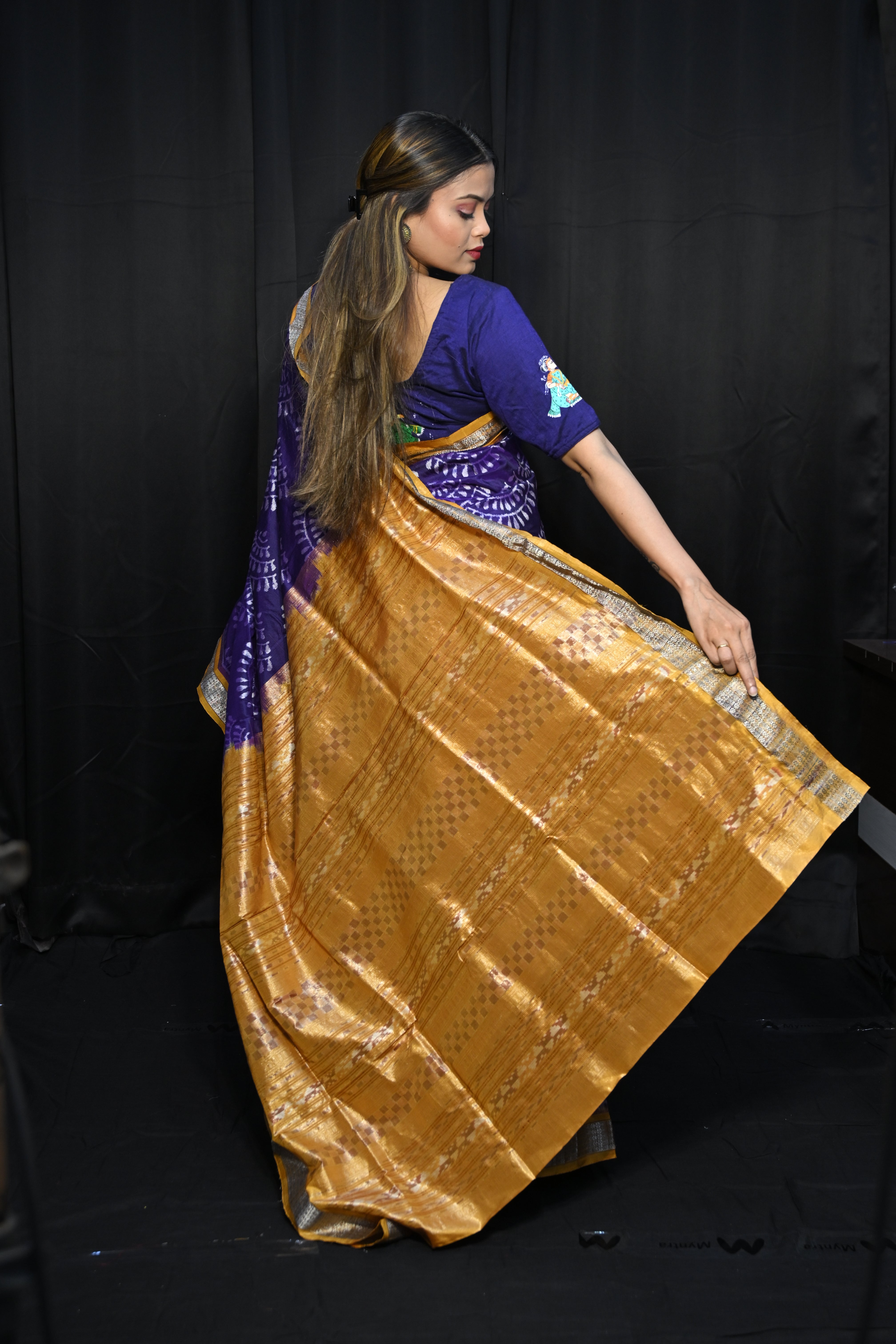 Purple Mustard Yellow Half Tissue Sambalpuri Silk Saree