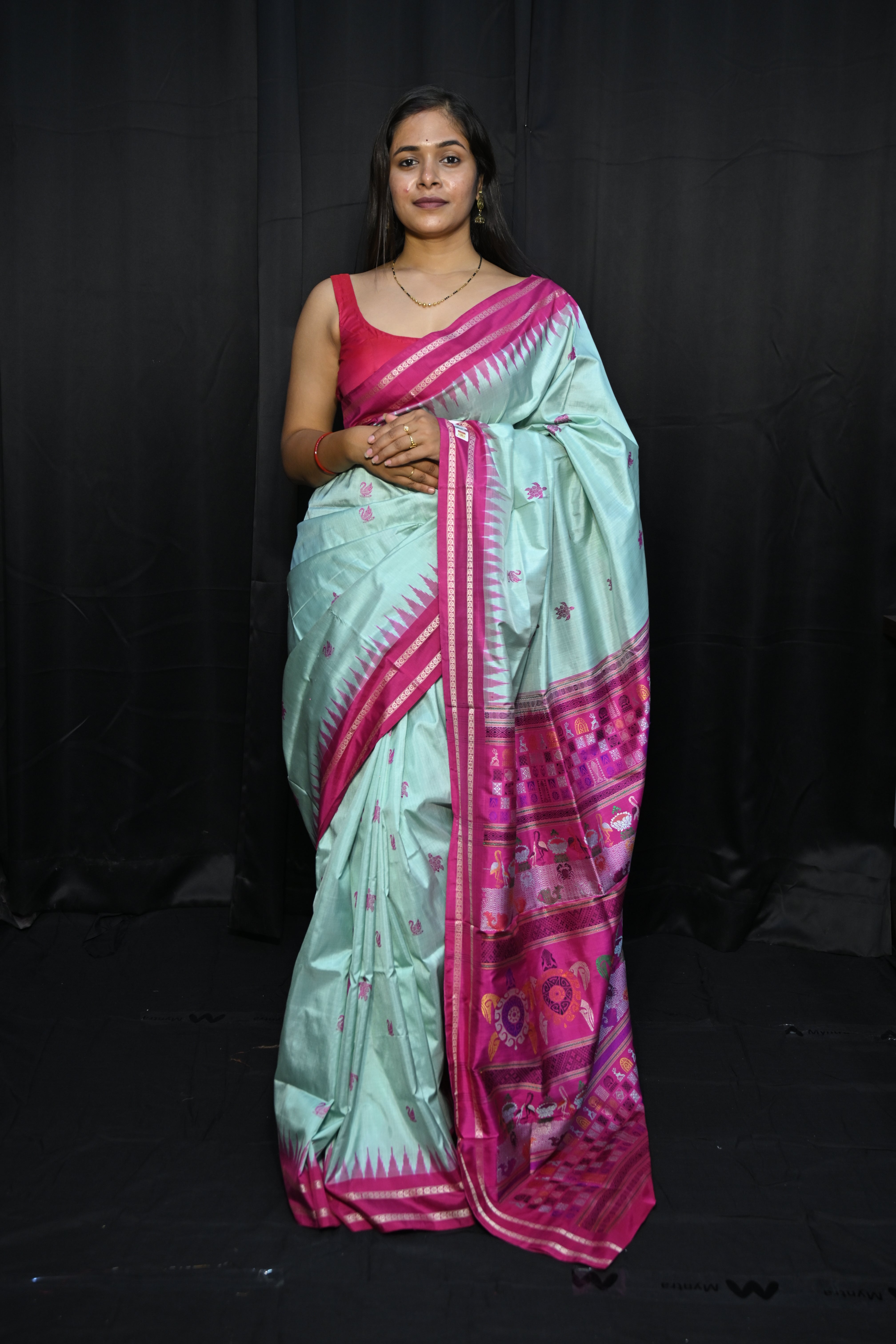 Sea Green Magenta Chilika Theme Exclusive Sambalpuri Silk Saree