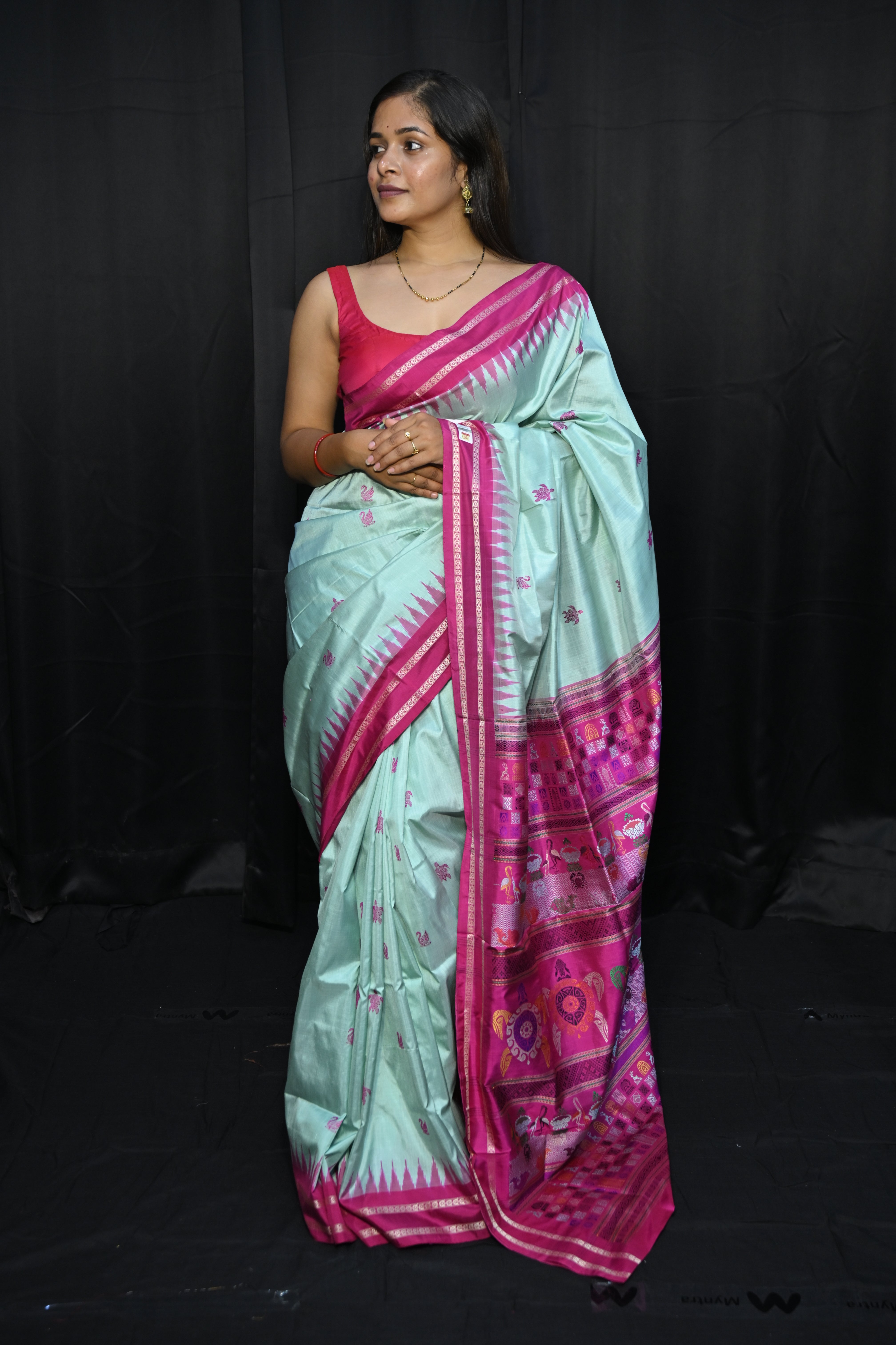 Sea Green Magenta Chilika Theme Exclusive Sambalpuri Silk Saree